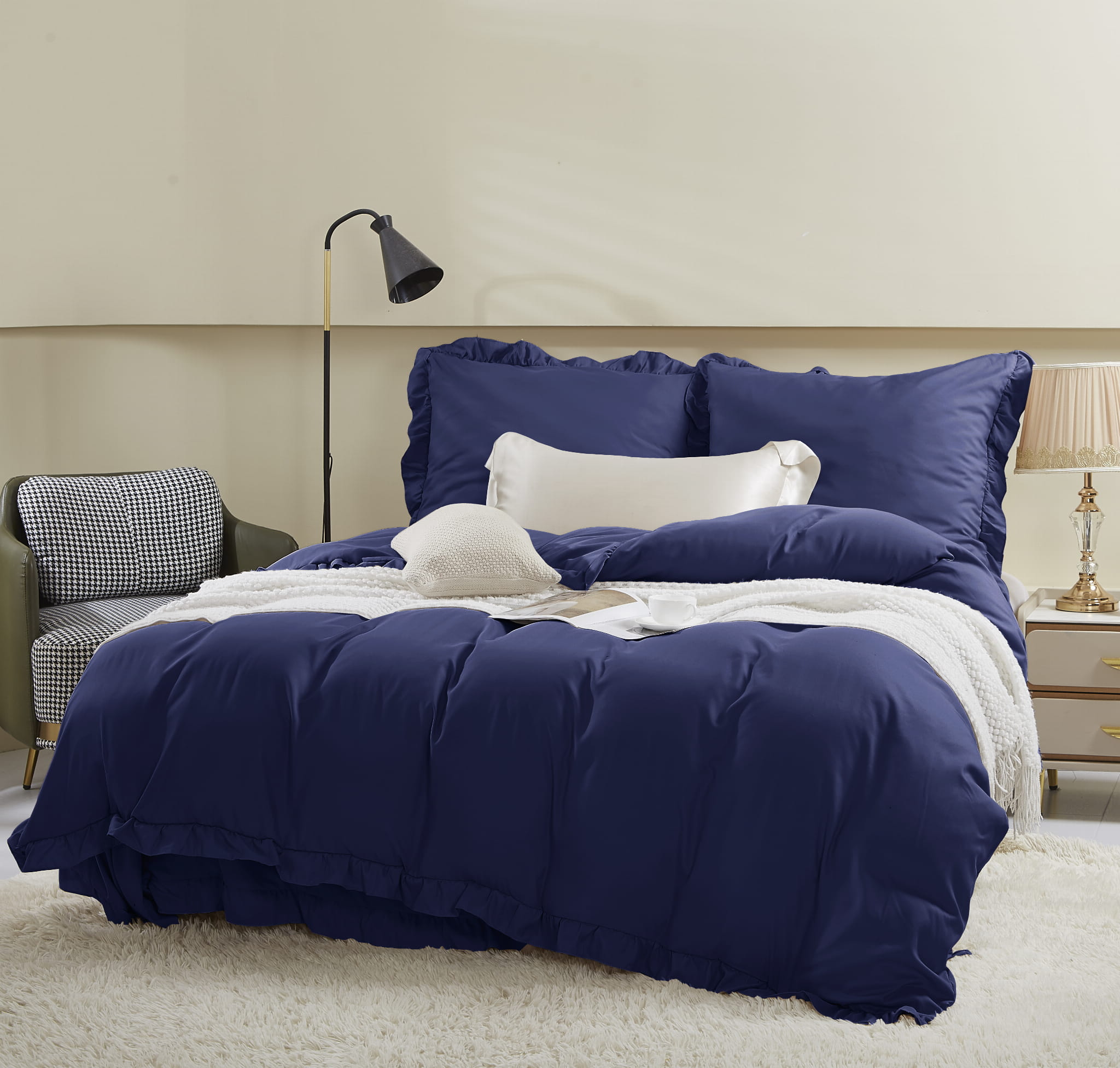 Granatowa Pościel Satytnowa z Falbanką 160x200