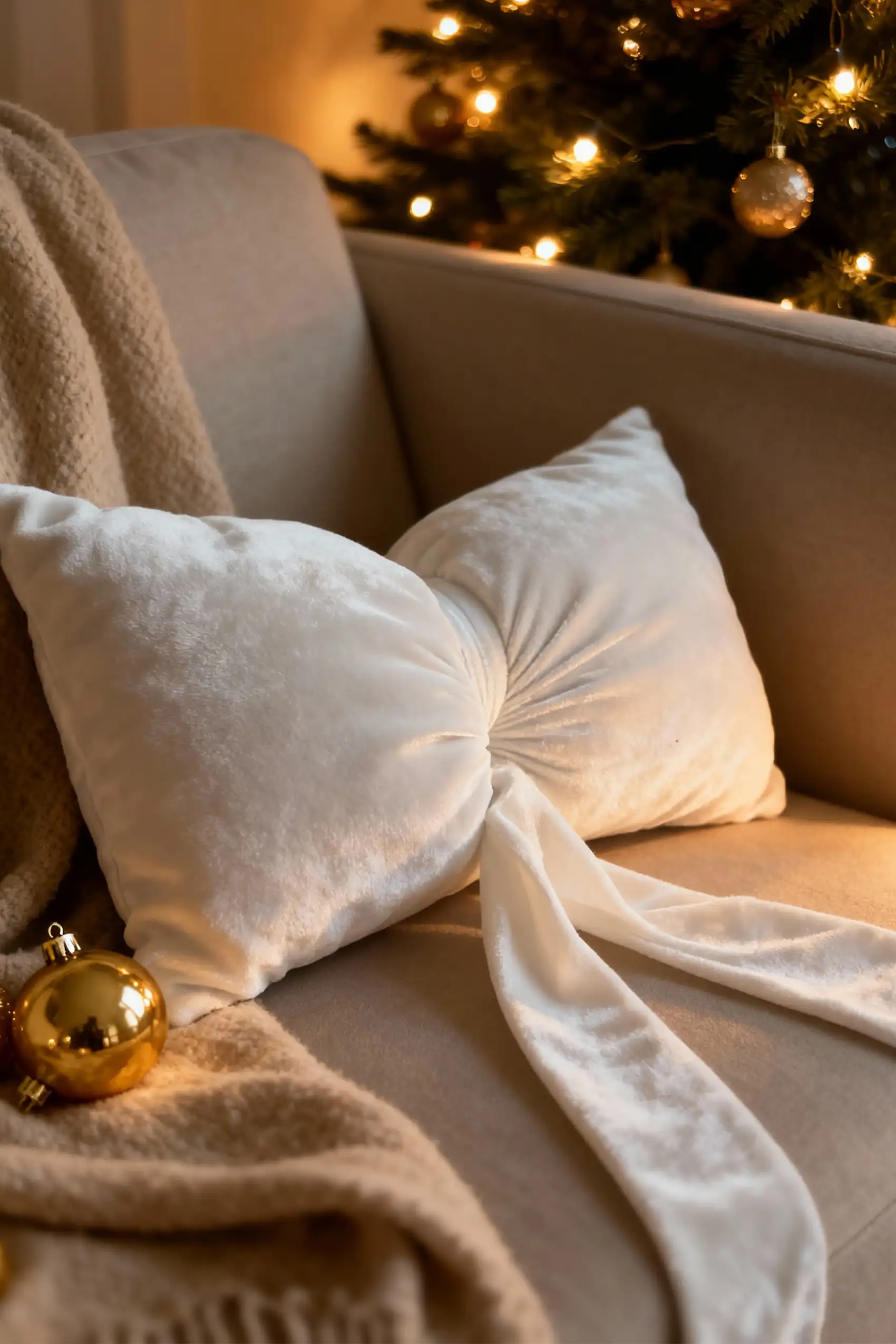 Welurowa poduszka świąteczna 40x23 Kremowa duża kokarda