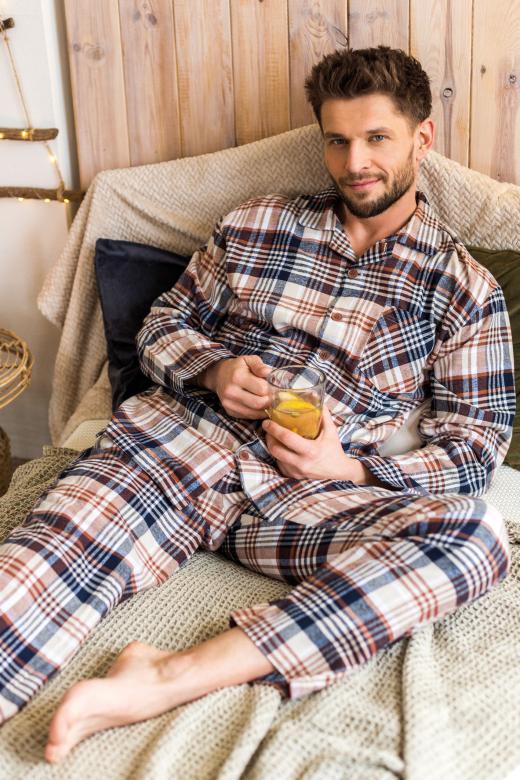 Piżama męska flanelowa w kratę koszulowa góra z długimi spodniami rozmiar M