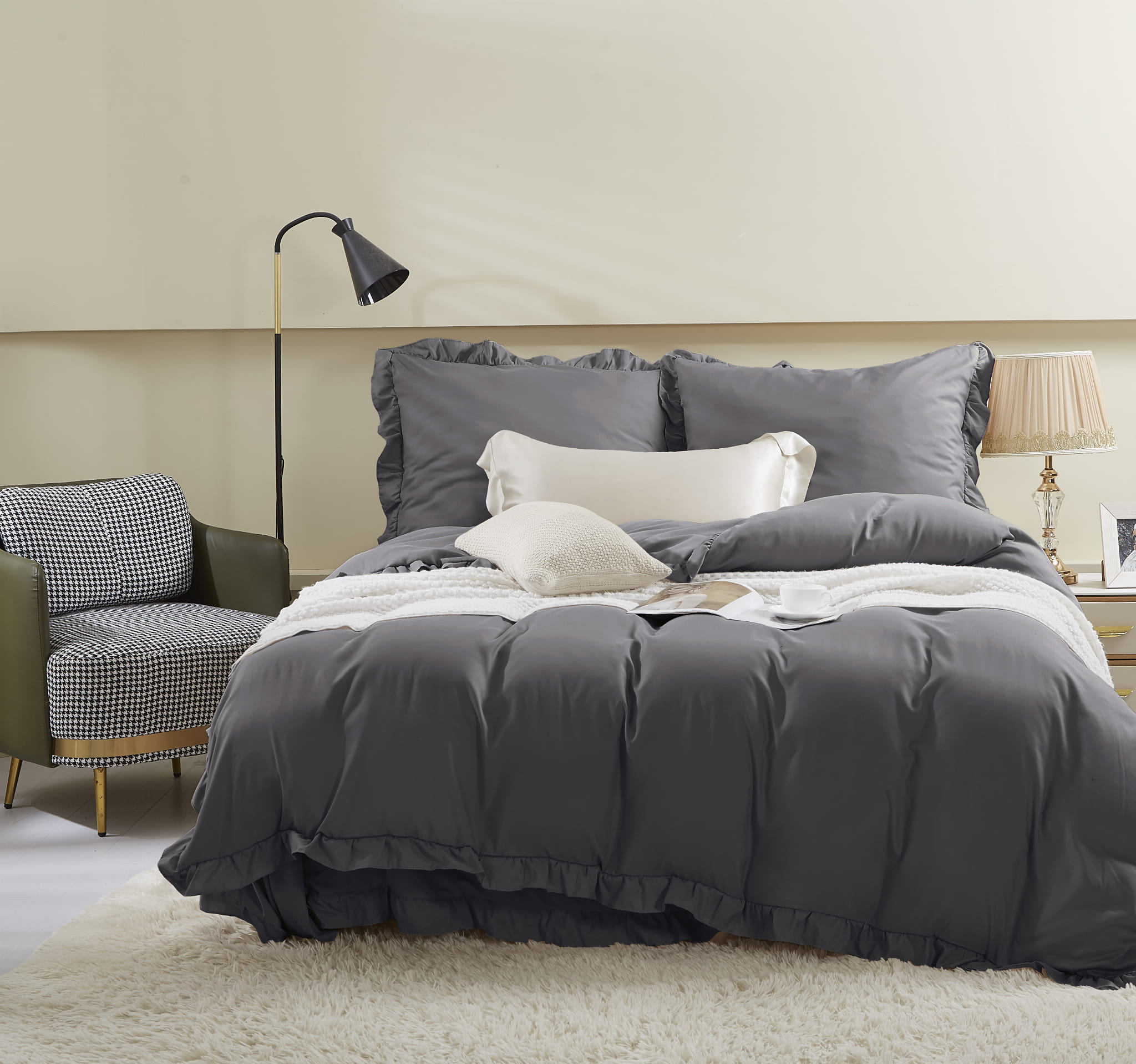 Grafitowa Pościel Satytnowa z Falbanką 220x200 view 3