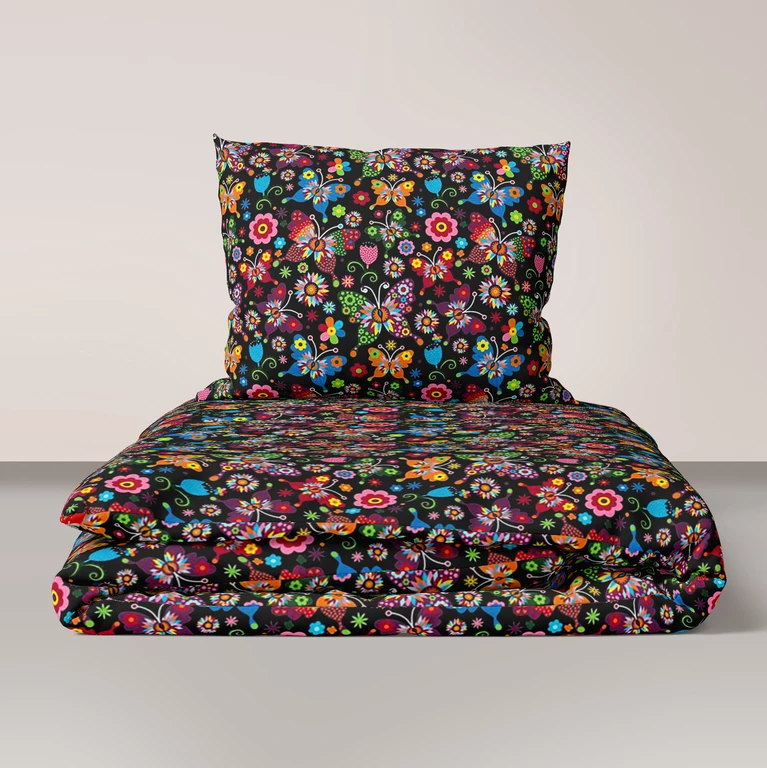 POŚCIEL DZIECIĘCA KWIATY CZARNA 90/120 + 40/60