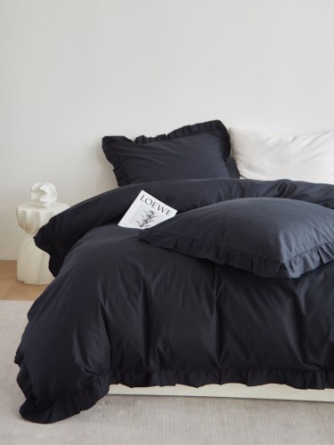 Czarna Pościel Satytnowa z Falbanką 220x200