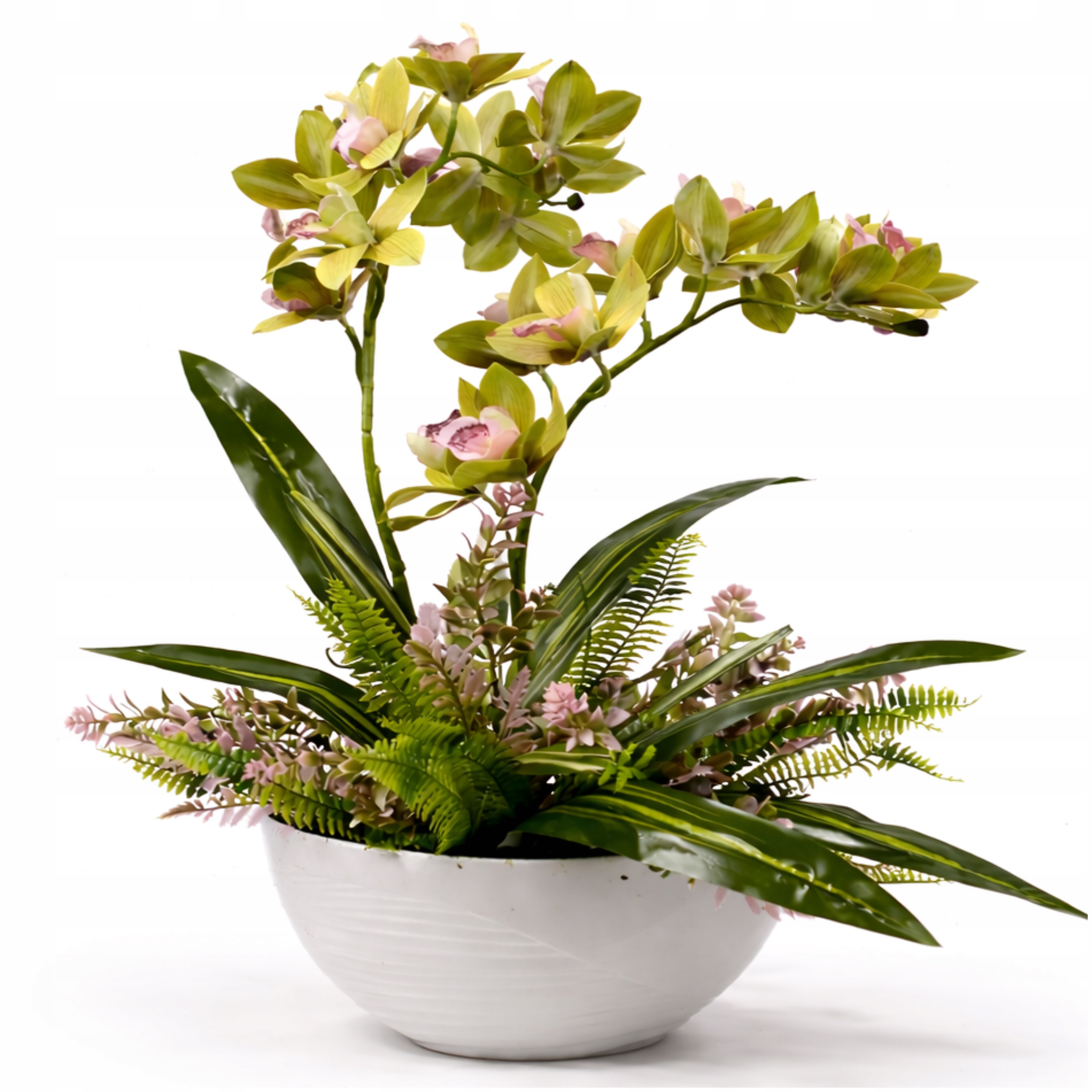 Storczyk Sztuczny Cymbidium Zielony Silikonowy 2 Pędy w Białej Donicy 50 cm 043