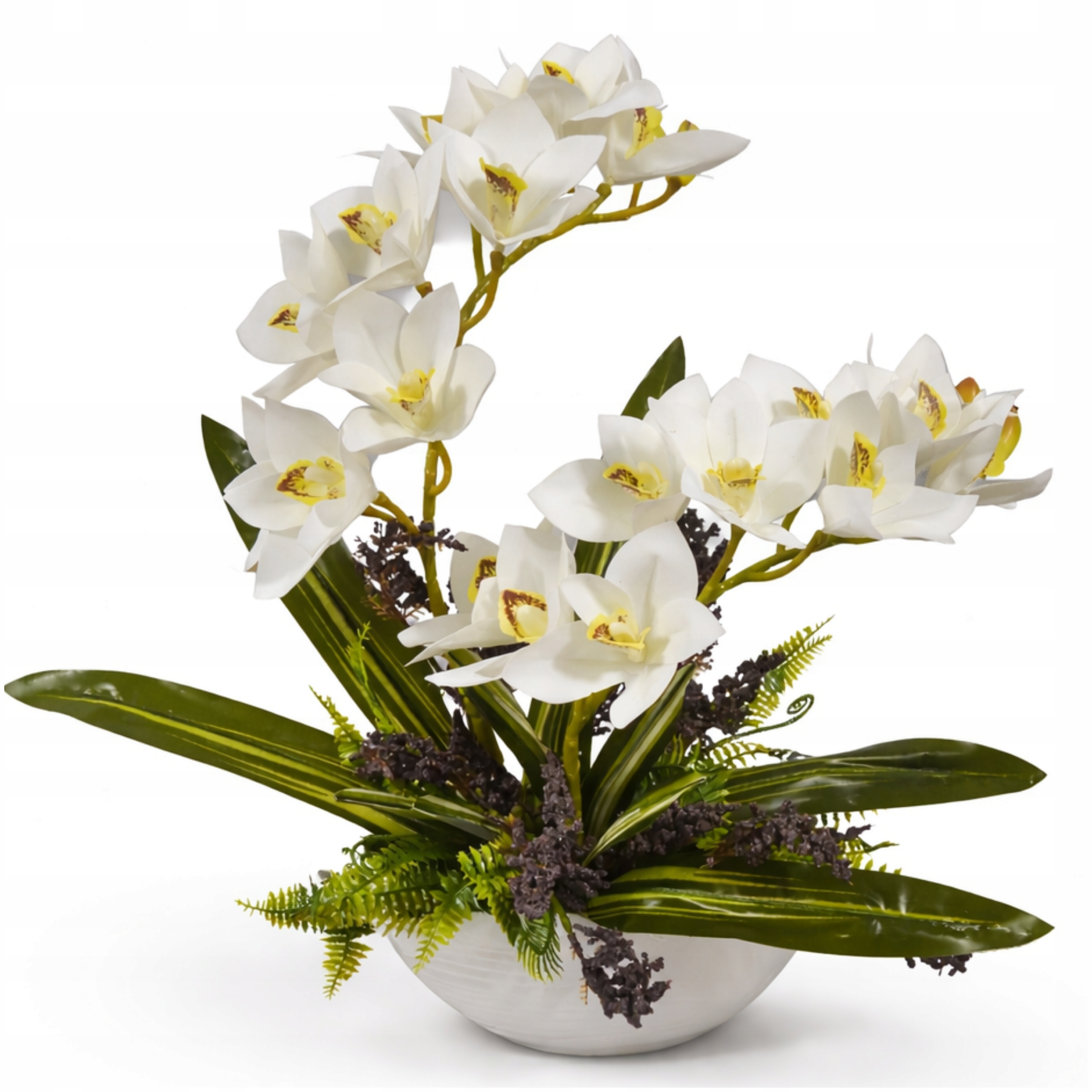 Storczyk Sztuczny Cymbidium Biały Sikilonowy 2 Pędy w Białej Donicy 50 cm 042