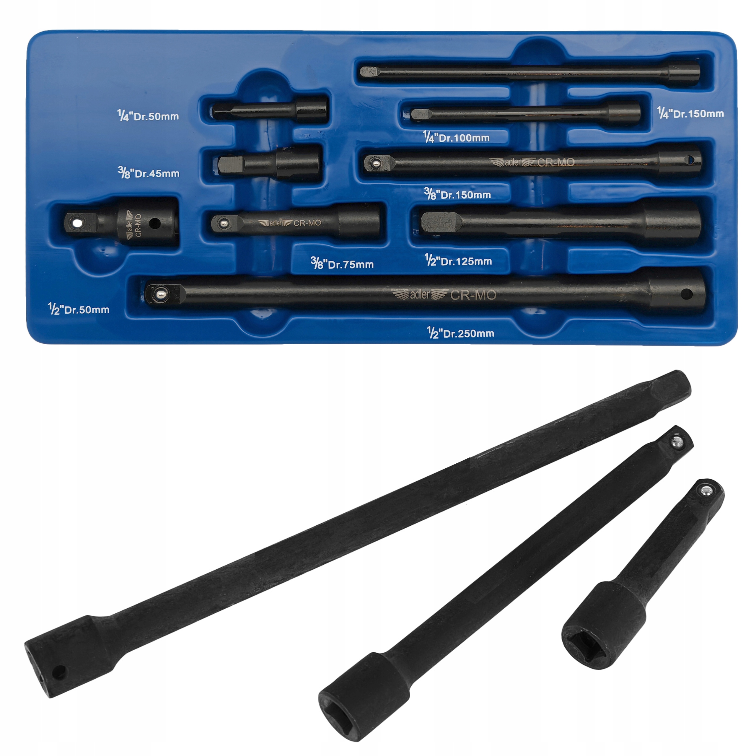 2x Adler Zestaw Przedluzek Udarowych 1 2 3 8 1 4 Cr Mo 9szt Ad 9u Organizer