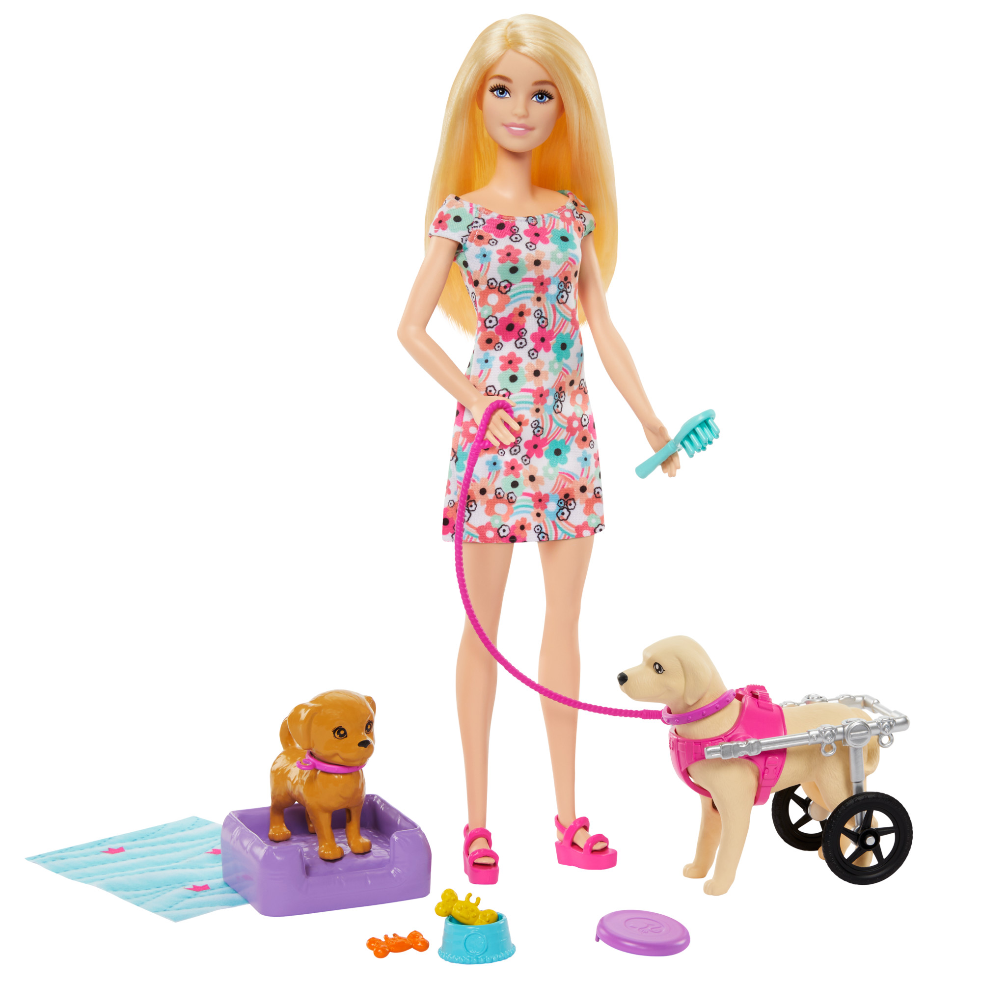 2x Barbie Lalka I Piesek Na Wozku Zestaw Z Pieskami 10 Akcesoriow Htk37