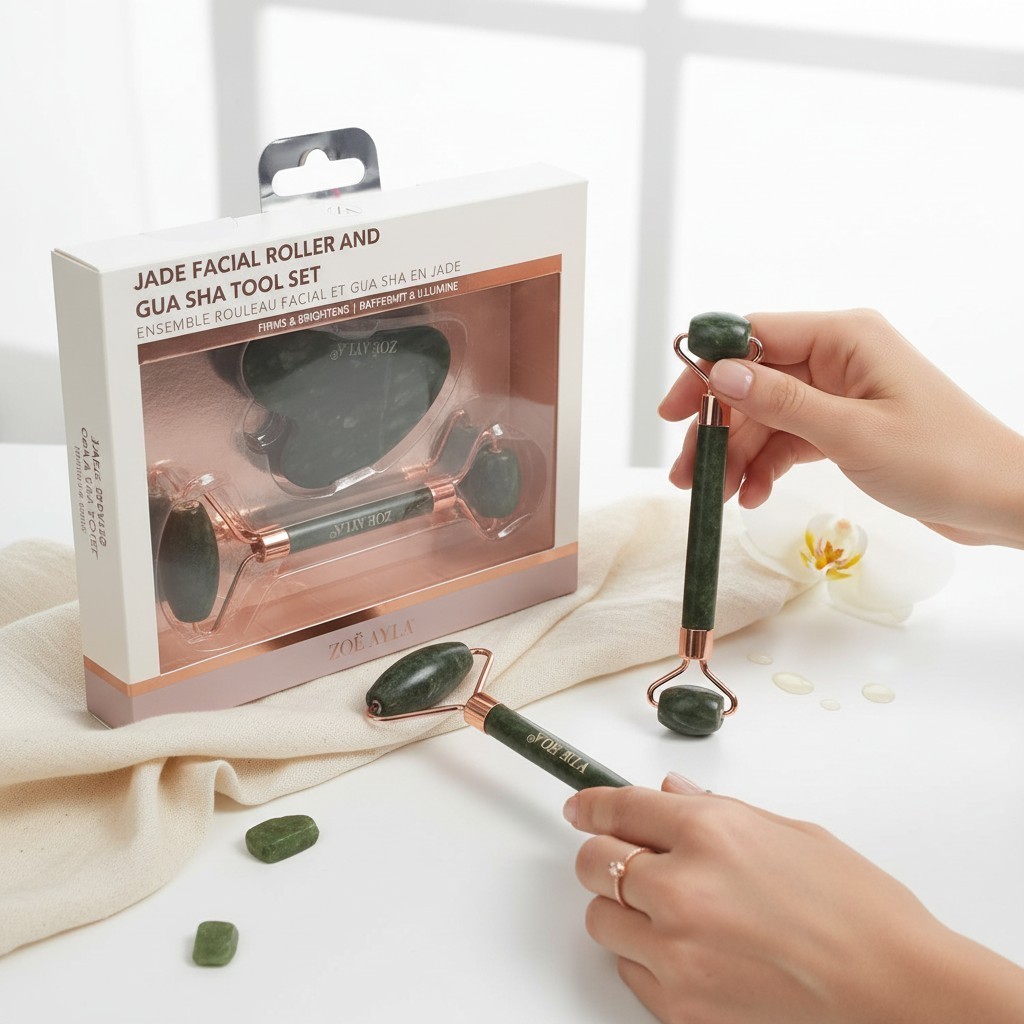 Zoë Ayla Jade Roller + Gua Sha zestaw masażer do twarzy z jadeitu Be64a0f26c70e5bd2d50908d7f829ff6