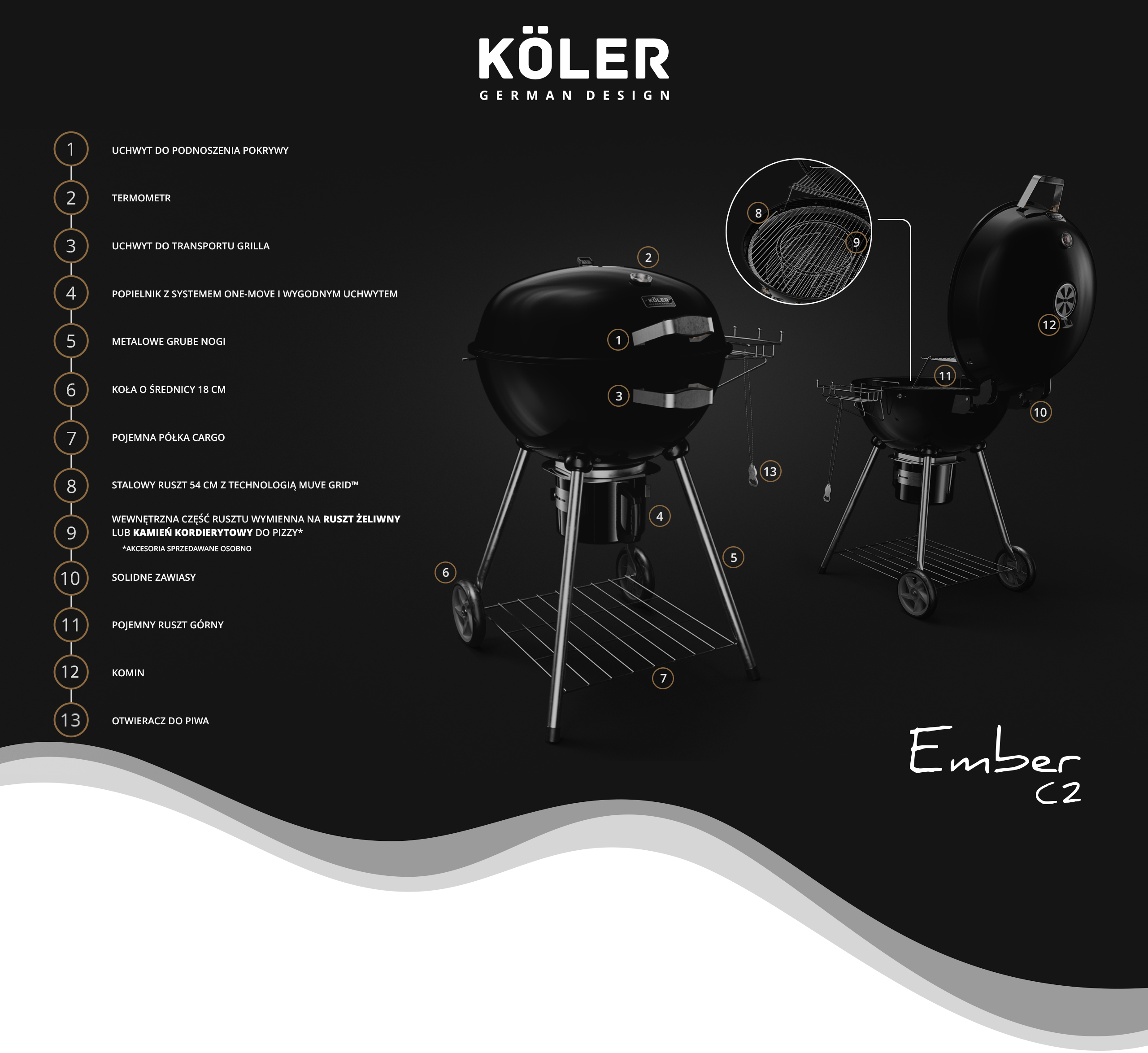 Gril ogrodowy węglowy KOLER EMBER C2 z termometrem duży okrągły popielnik