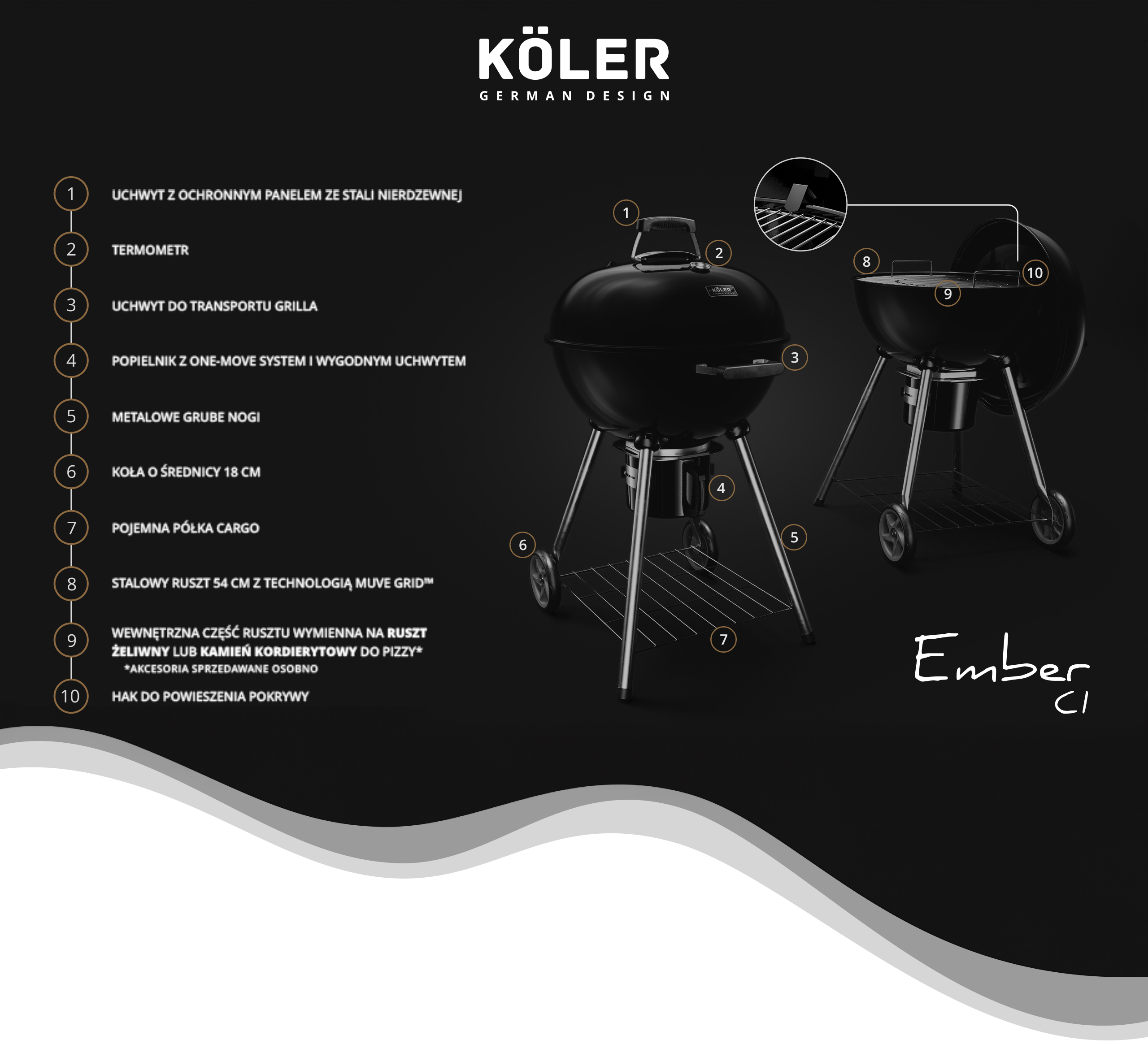 Gril węglowy KOLER EMBER C1 duży okrągły termometr popielnik