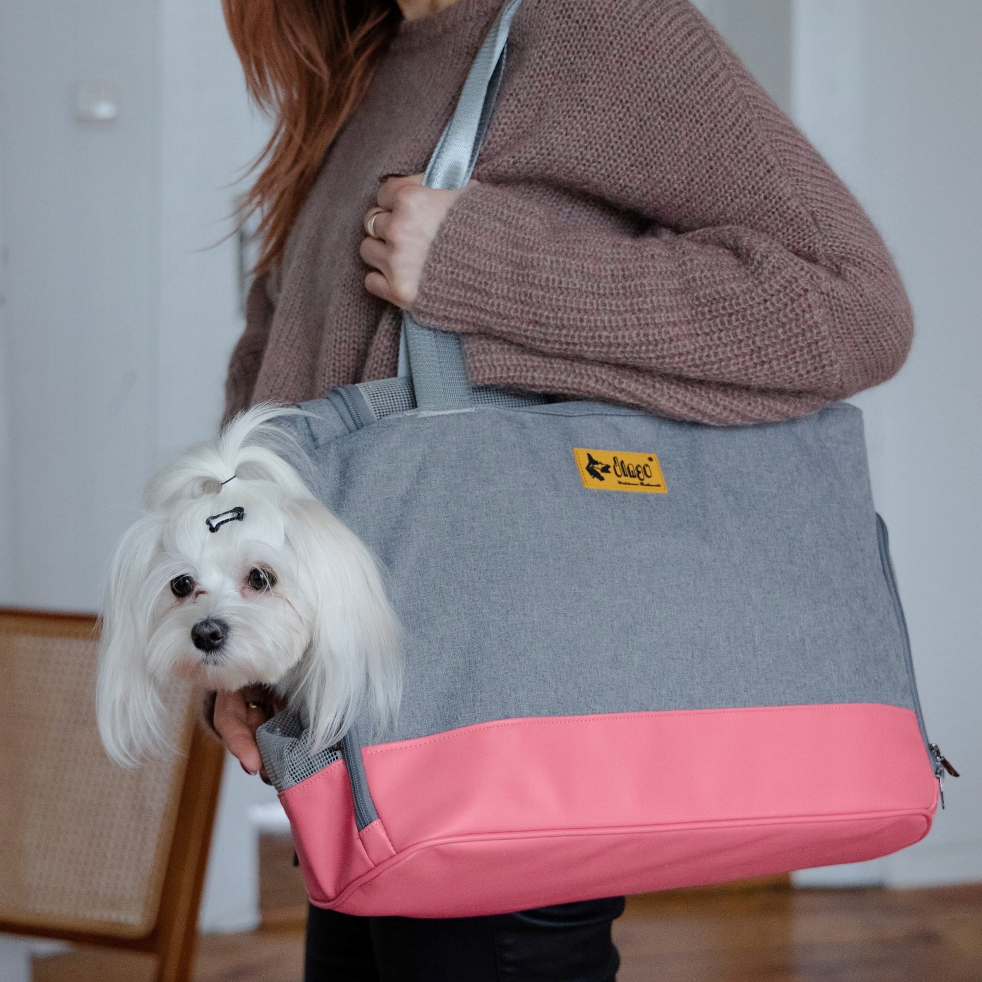 torba transportowa dla psa kota Dingo szaro-różowa pianka EPE siatka mesh smycz wewnętrzna składana