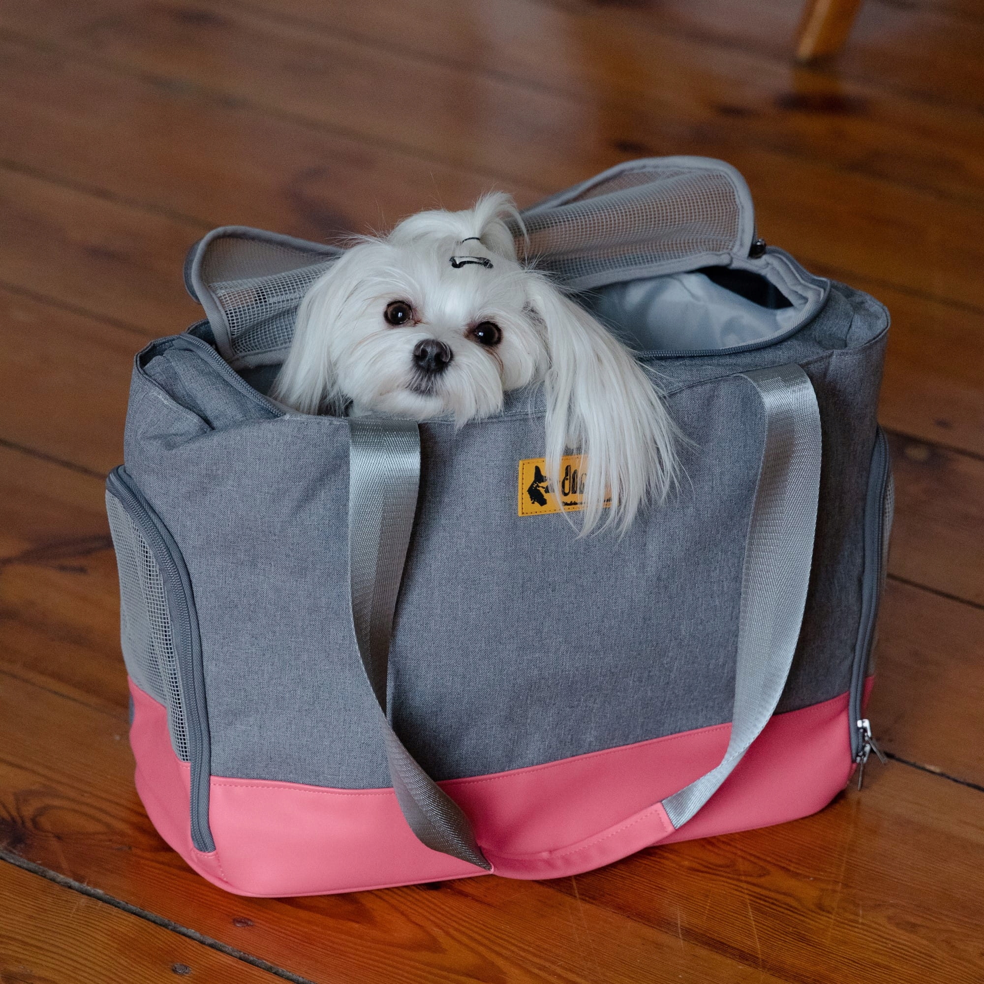 torba Dingo szaro-różowa złożona płasko przechowywanie wymiary 41x20x30cm