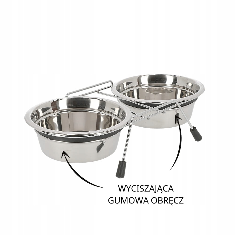 miski Dingo na stojaku gumki obręcze wyciszające stal nierdzewna detale
