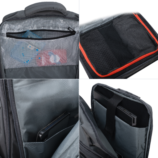 Plecak Camry CR 6881 Dark Grey z wyraźnie zaznaczoną kieszenią RFID i ukrytą kieszenią antykradzieżową na plecach, podkreślający funkcje bezpieczeństwa.