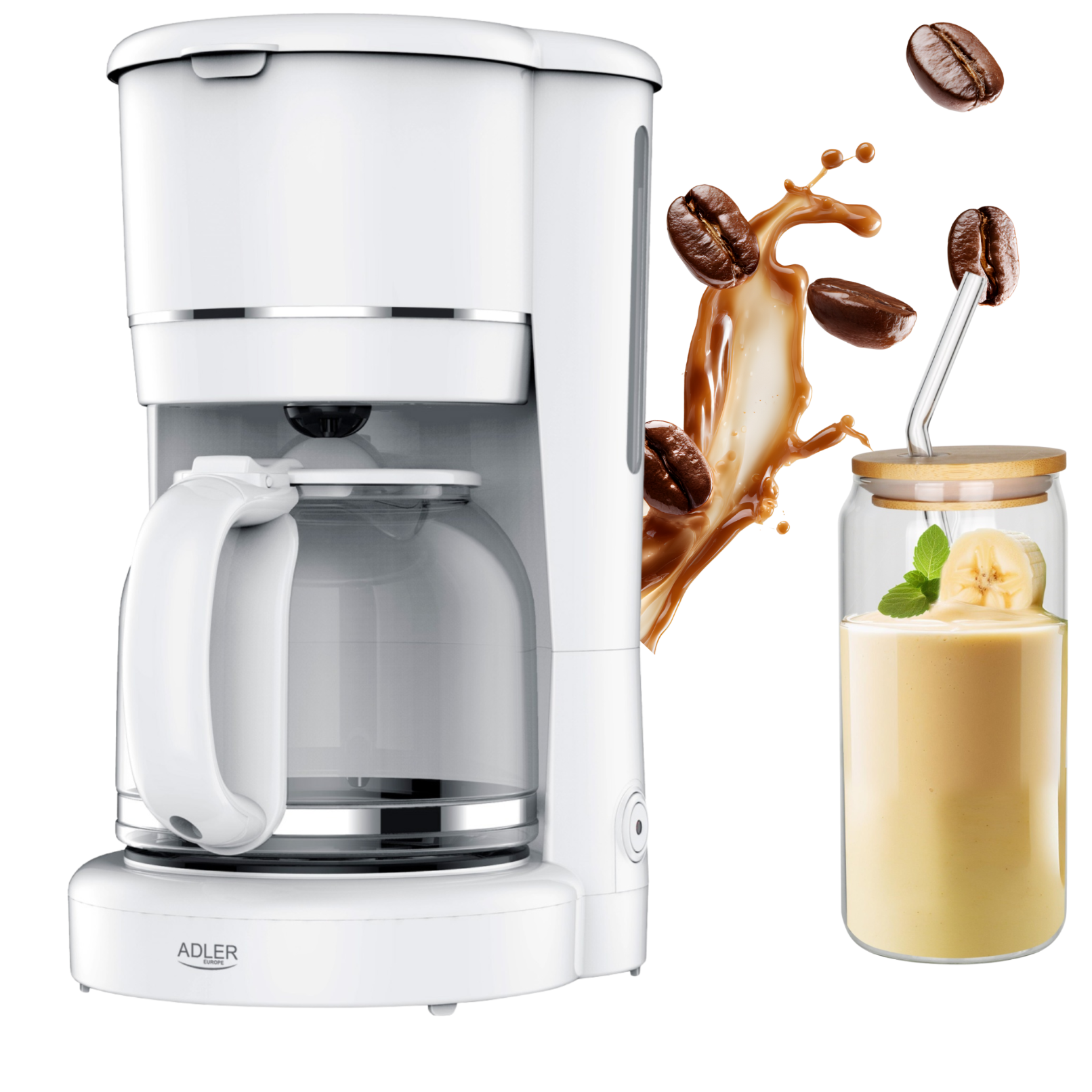 Wszystkie elementy zestawu: ekspres Adler AD 4383, szklany dzbanek, filtr, kubek ze słomką i akcesoria do czyszczenia.