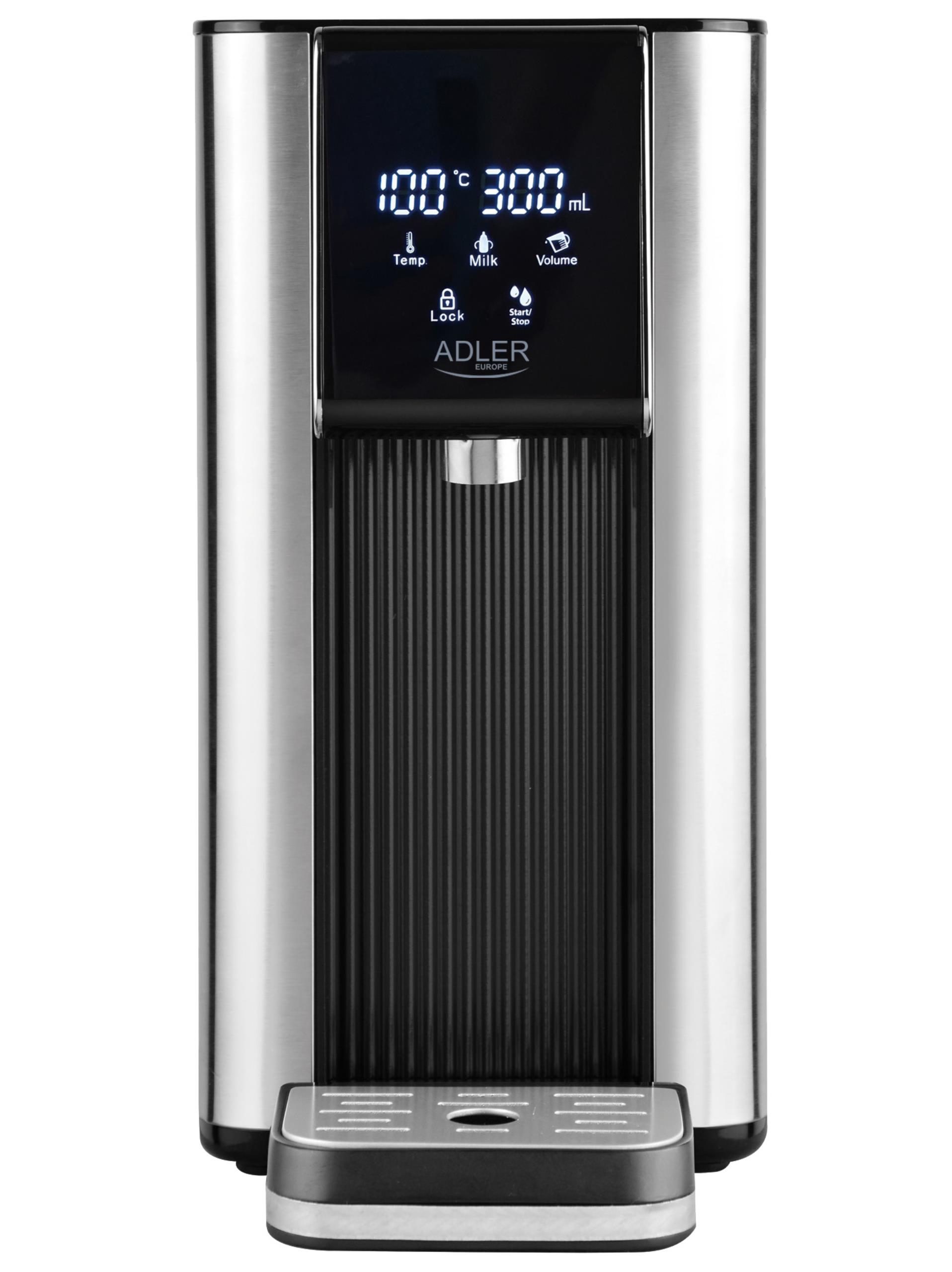 Panel dotykowy dozownika gorącej wody pokazujący cyfrę 100 stopni Celsjusza, symbolizującą natychmiastowe gotowanie wrzątku.