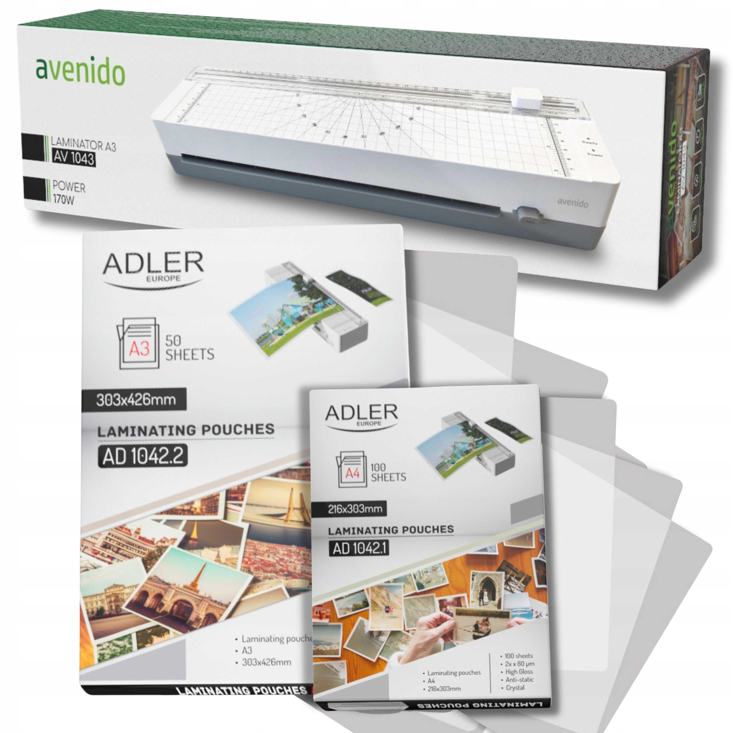 Kompletny zestaw: laminator Avenido AV1043 z wbudowanym trymerem, 100 folii A4 i 50 folii A3
