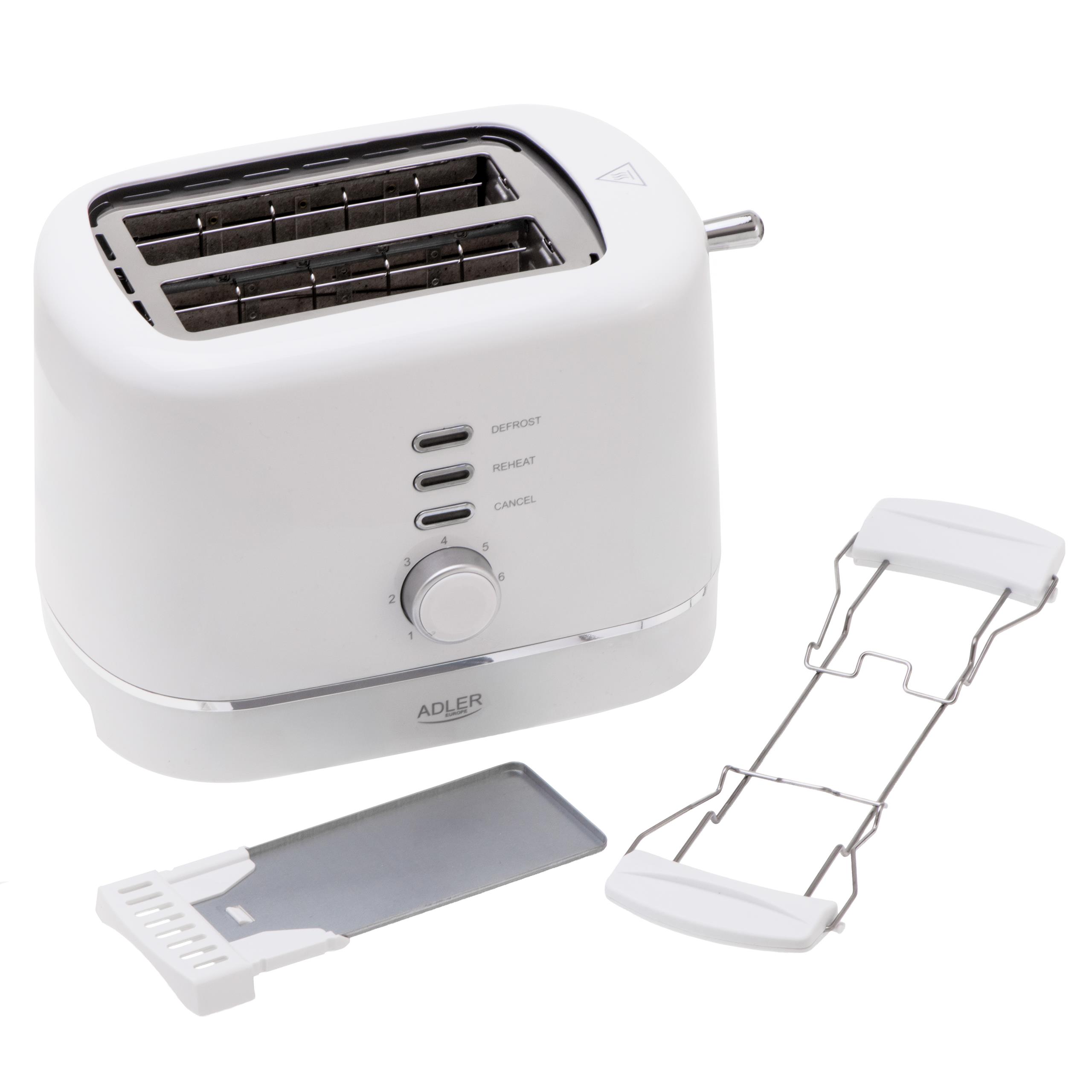 Biały toster Adler AD 3224 z wysuwanym rusztem na bułki, widoczne przyciski sterowania do funkcji STOP, REHEAT, DEFROST