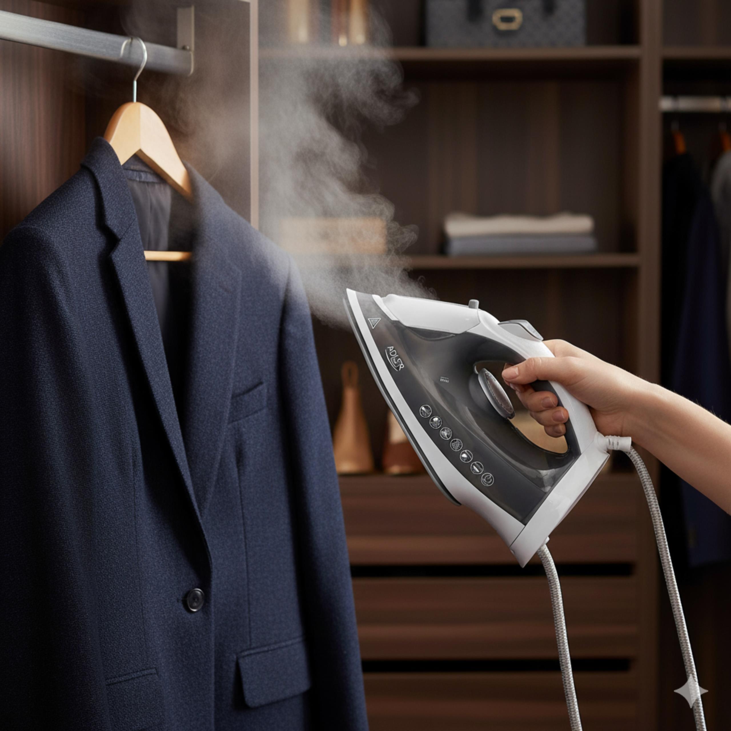 Rysunkowa ilustracja przedstawiająca różne tryby prasowania żelazka Adler AD 5051, w tym parę pionową i uderzenie pary.