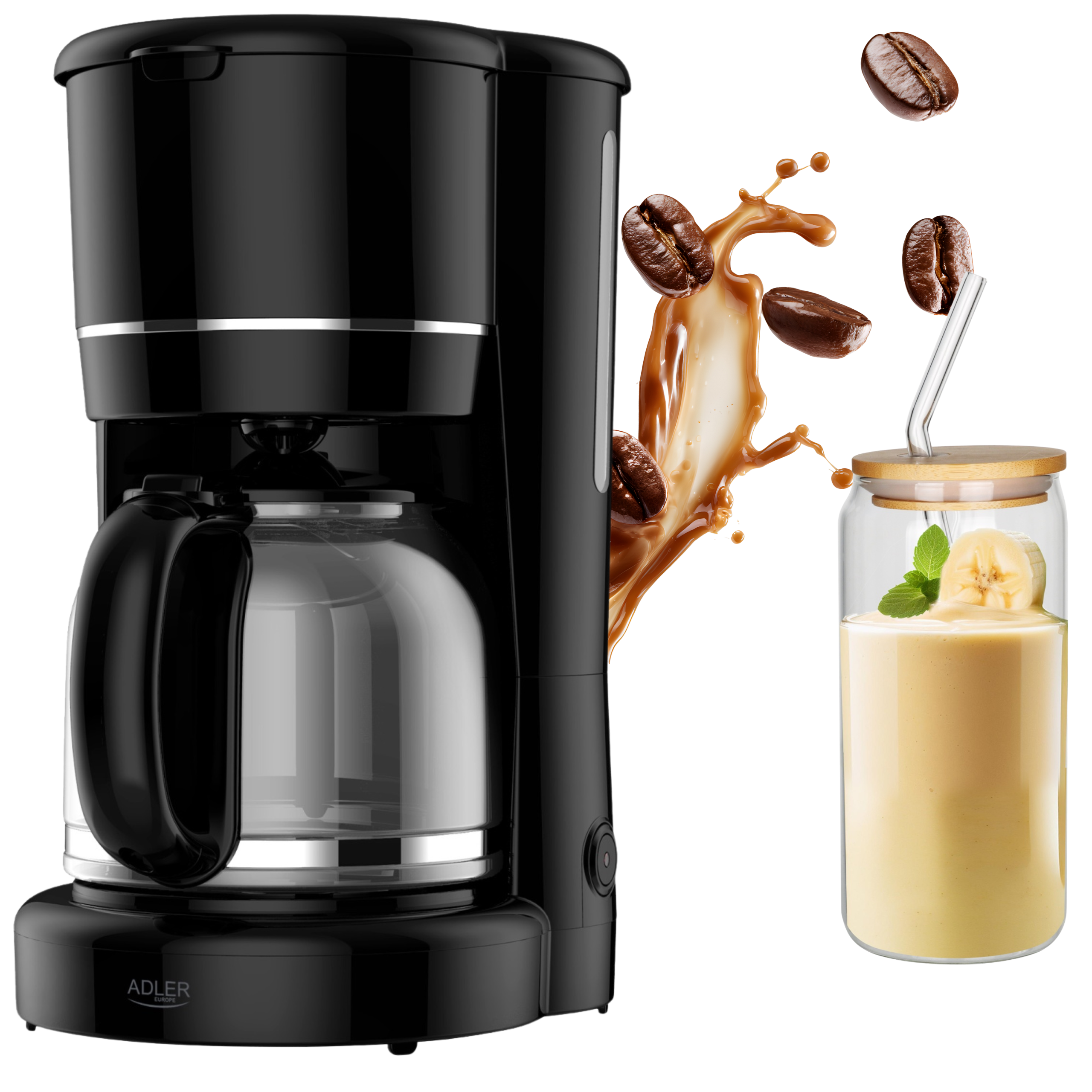 Elegancka grafika prezentująca ekspres przelewowy Adler AD 4383 i szklany kubek z akcesoriami.