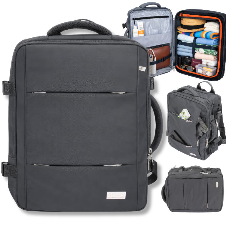 Elegancki plecak Camry CR 6881 Dark Grey noszony na plecach w miejskim otoczeniu, prezentujący swój nowoczesny design i uniwersalny charakter.