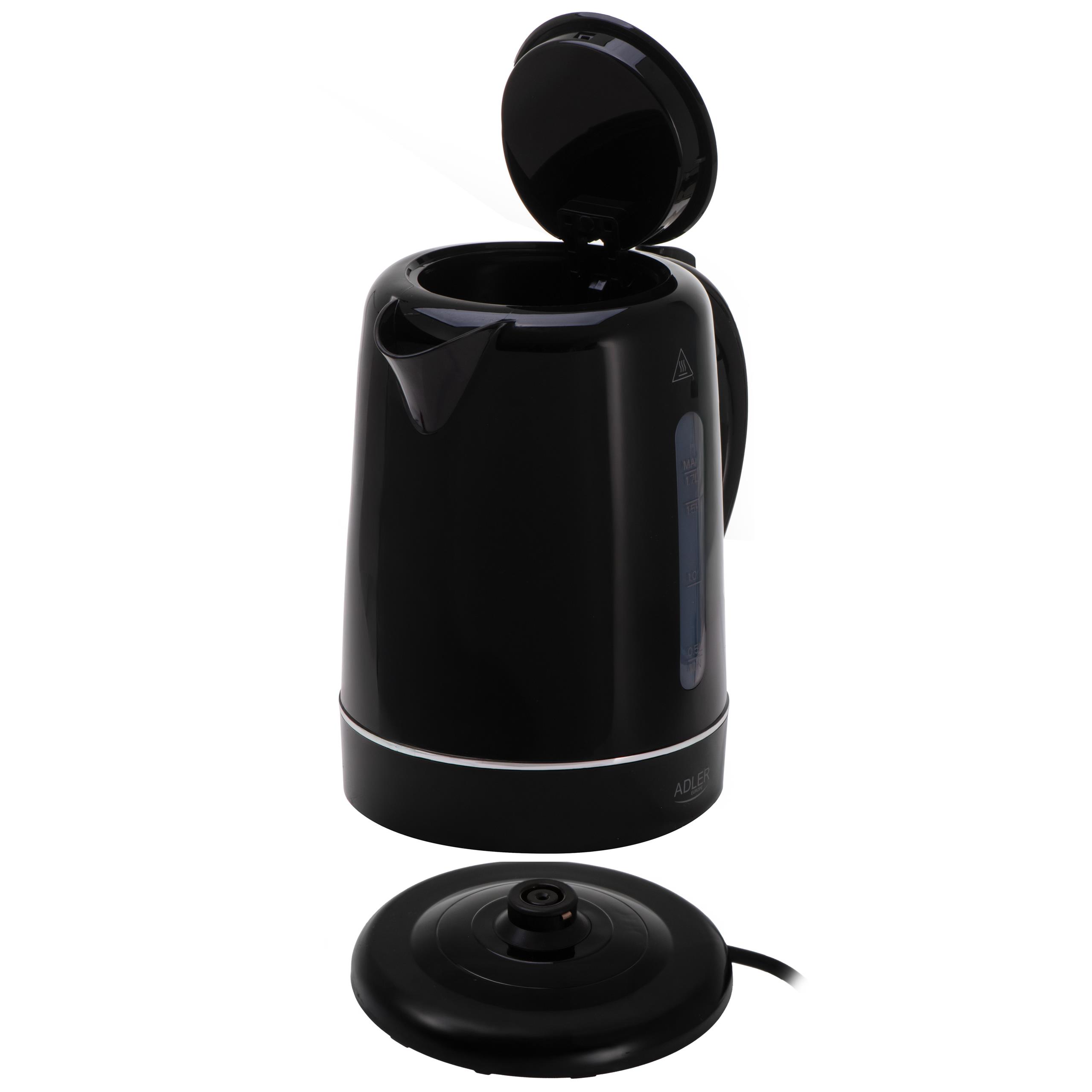 Szczegółowy widok czajnika elektrycznego Adler AD 1385 z otwartą pokrywą i widocznym wnętrzem