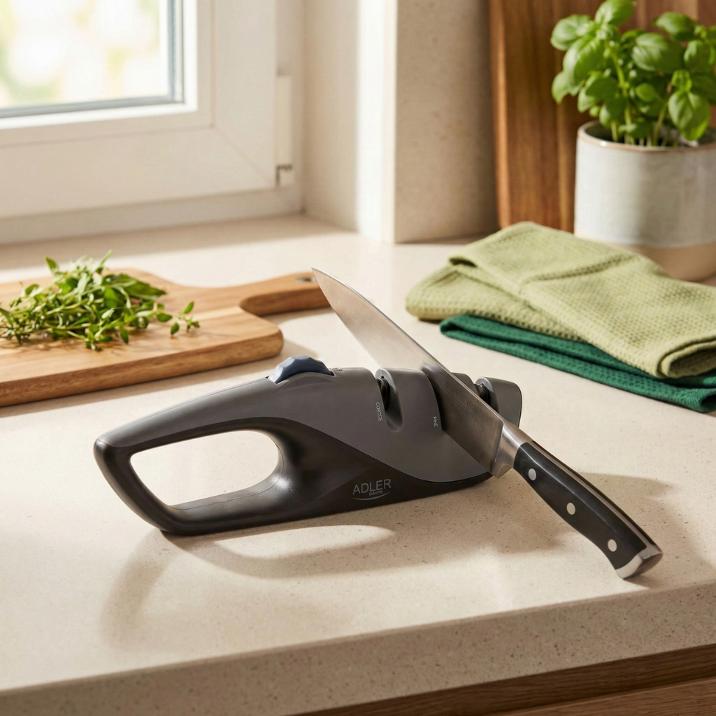 Ostrzałka Adler AD 4531 z widocznymi trzema slotami ostrzącymi oraz precyzyjnym pokrętłem do regulacji kąta