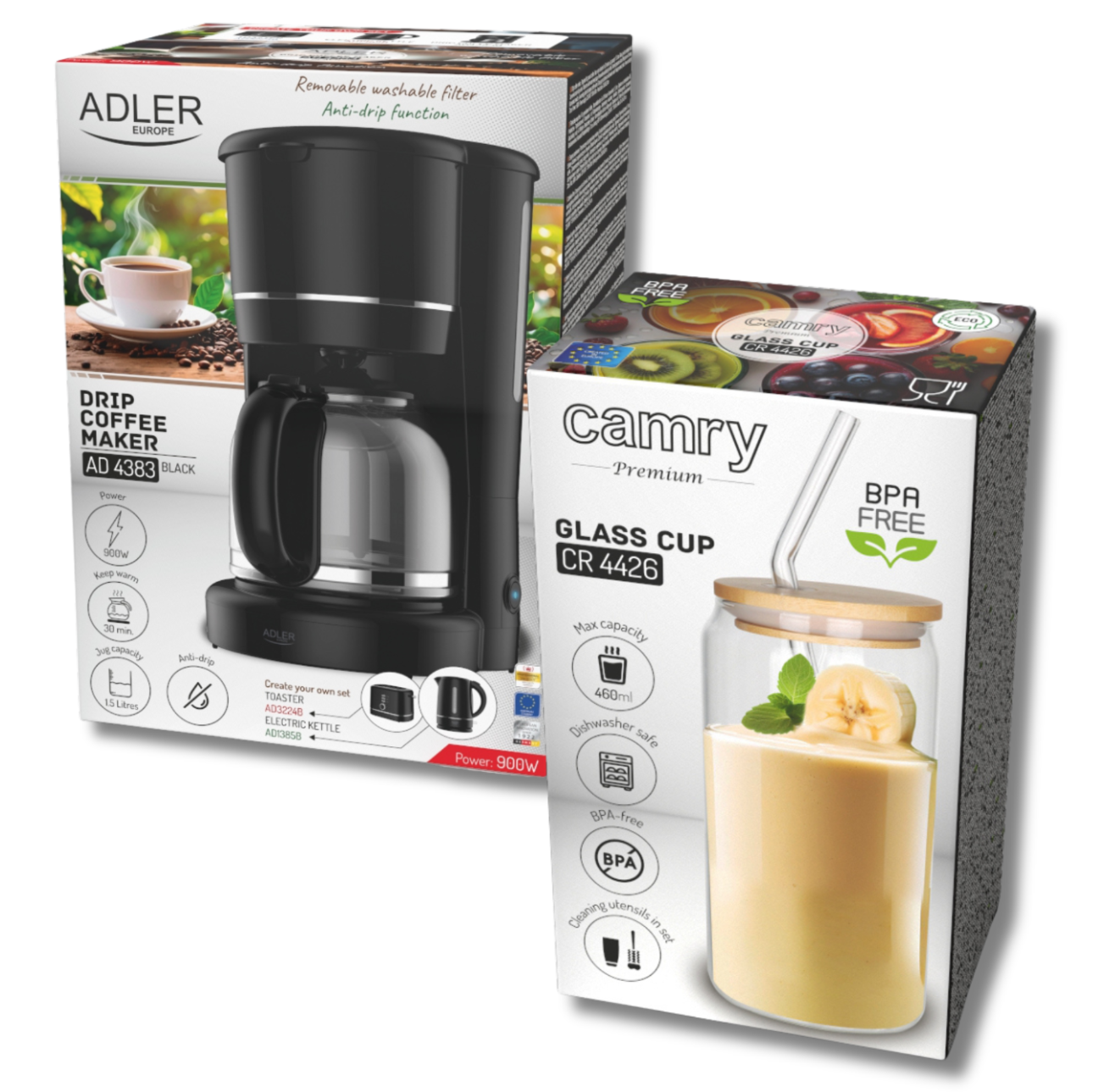 Grafik z ekspresami Adler AD 4383 i kubkiem, symbolizujący idealny prezent dla kawoszy.