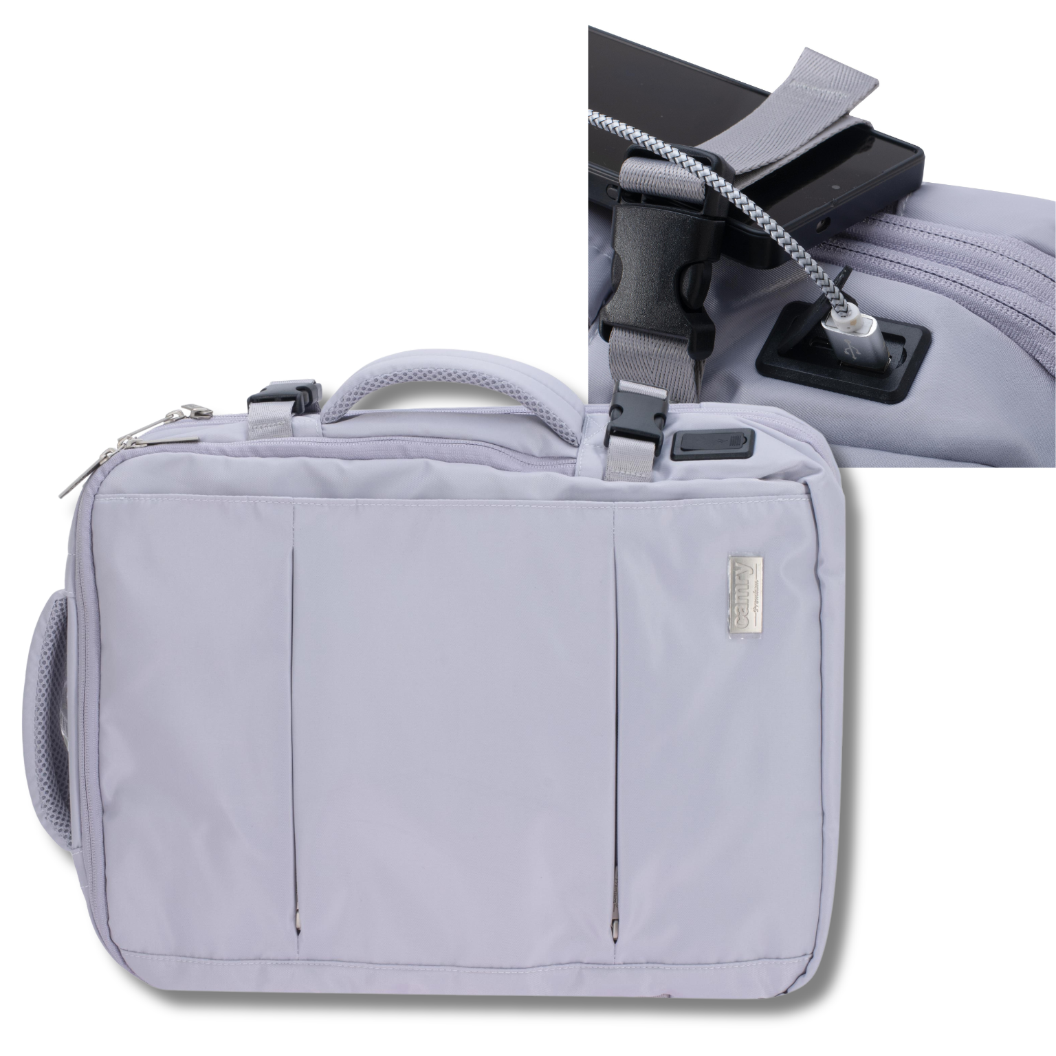 Otwarta przednia komora plecaka Adler CR 6881 light purple z przegródkami na akcesoria biurowe i widocznym portem USB.