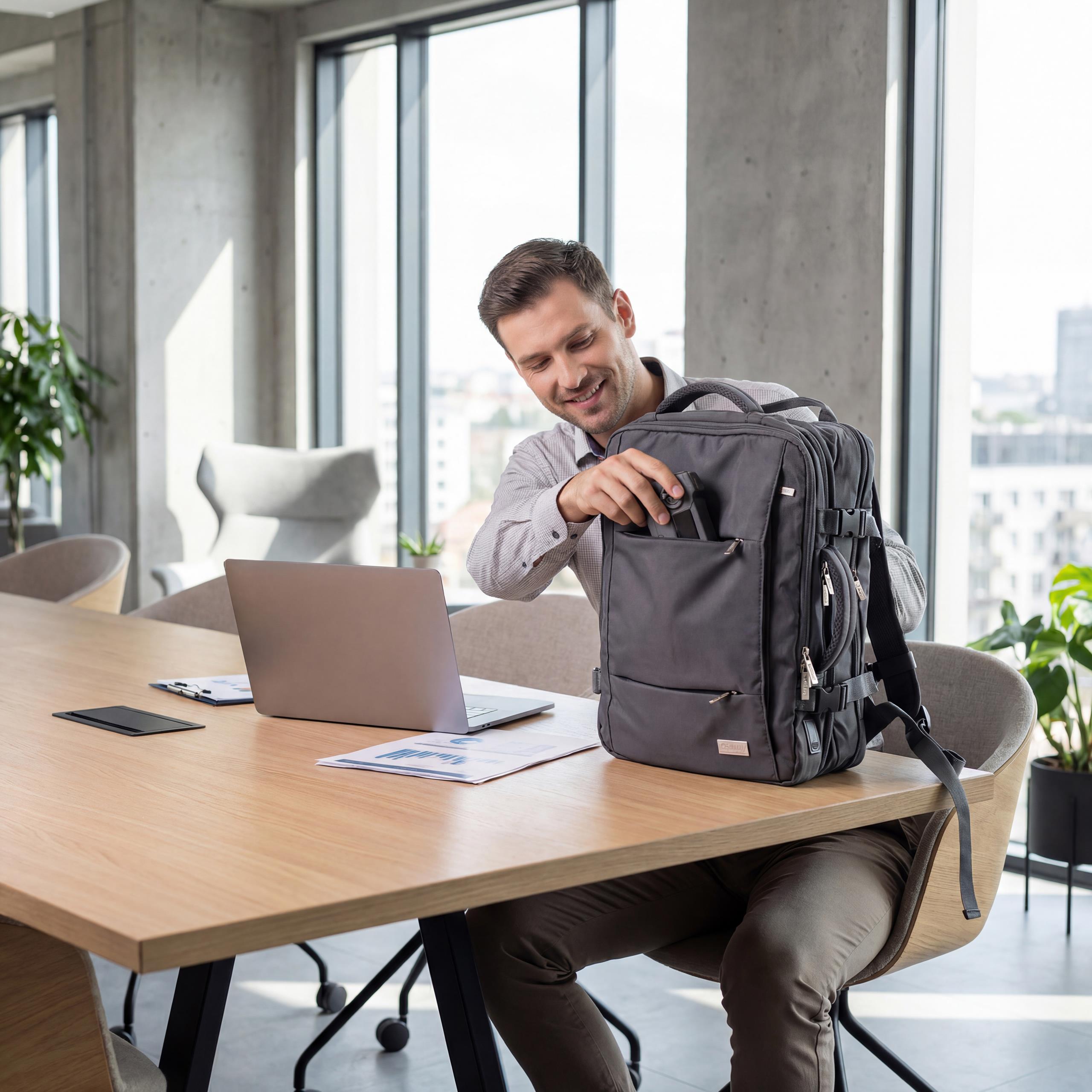 Uśmiechnięta kobieta podróżująca z plecakiem Camry CR 6881 Dark Grey na ramionach, przechodząca przez miasto, symbolizująca swobodę i komfort podróży.