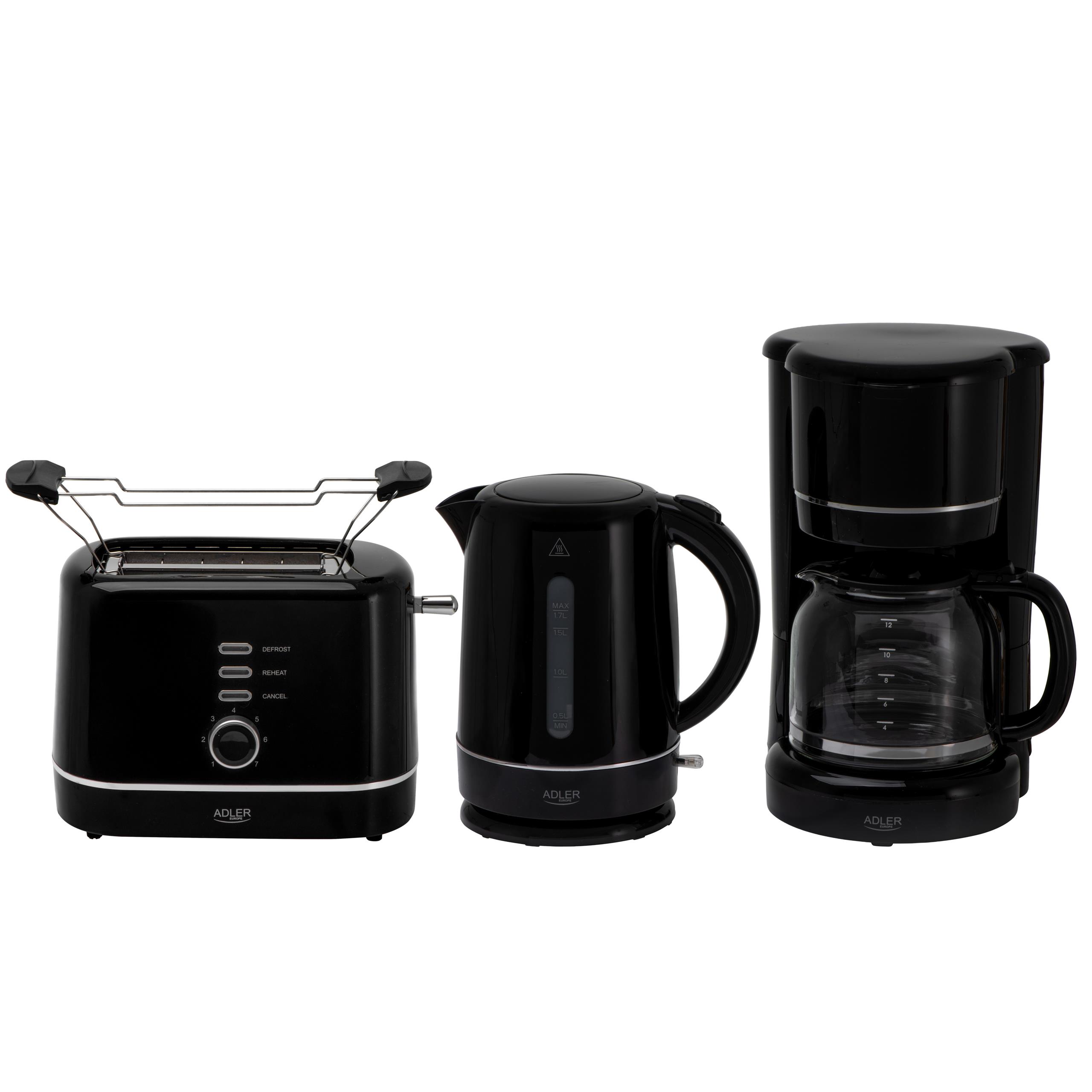 Zawartość zestawu: ekspres do kawy, czajnik i toster w poszczególnych opakowaniach