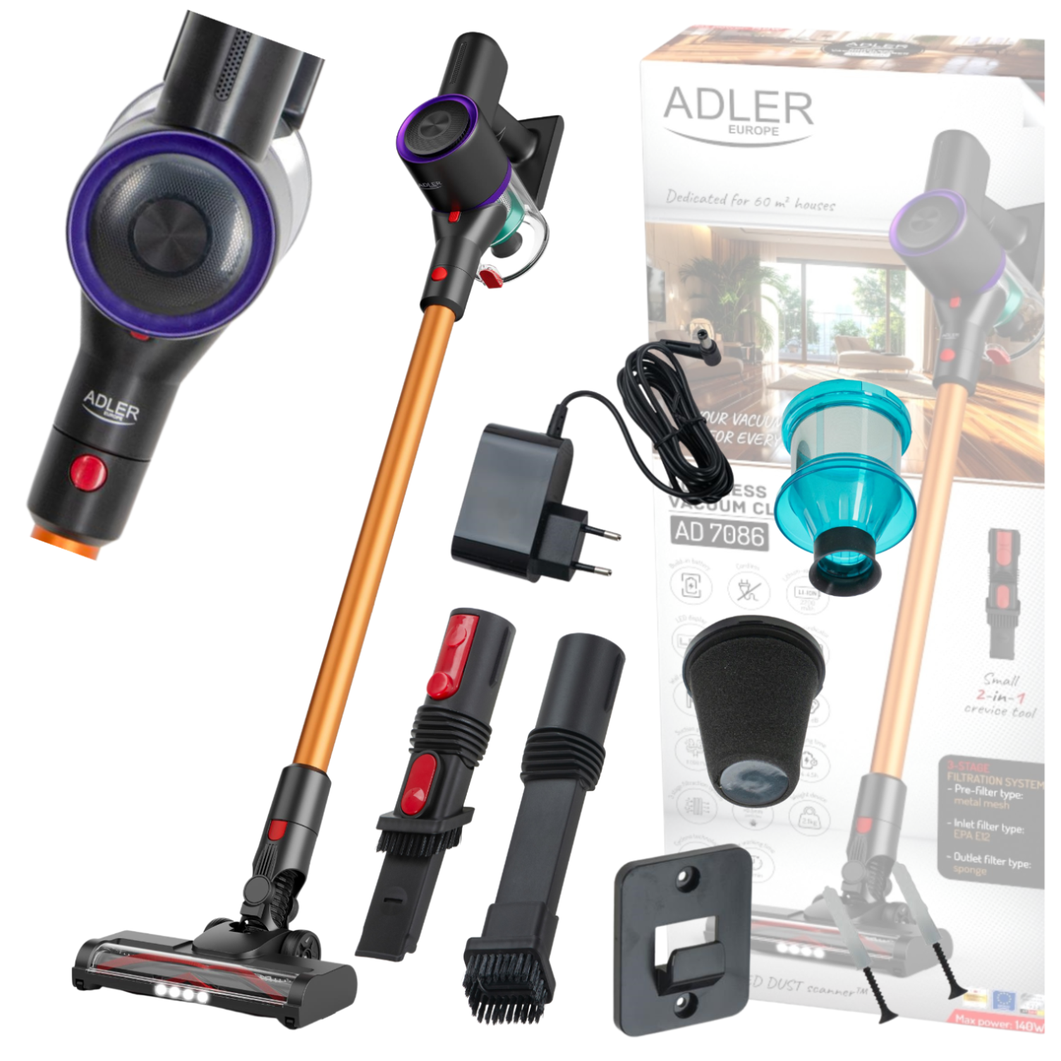 Odkurzacz bezprzewodowy pionowy Adler AD 7086 w akcji, usuwający kurz z podłogi