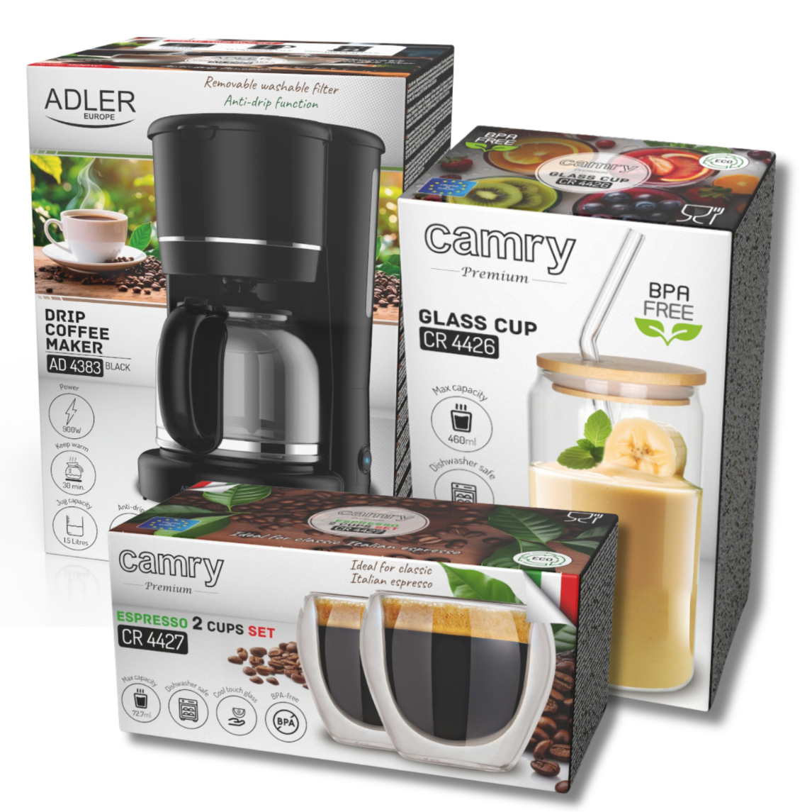 Sylwetka ekspresu przelewowego Adler AD 4383, otoczona parującymi filiżankami kawy i ziarnami kawy, sugerująca świeżość i aromat.