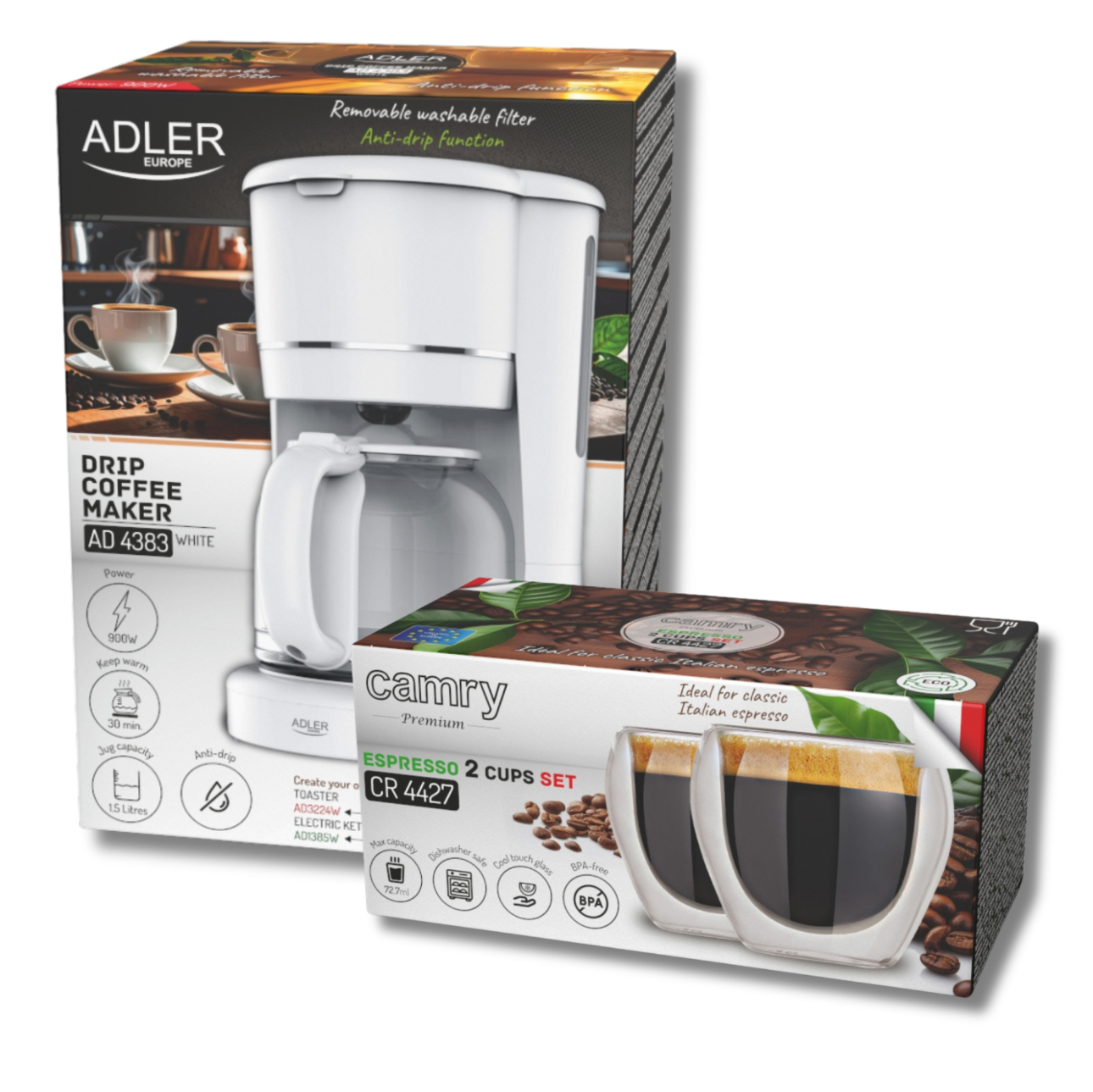 Ekspres przelewowy Adler AD 4383 z filiżankami, otoczony kawą i prezentami, na tle świecących lampek, symbolizujący idealny prezent