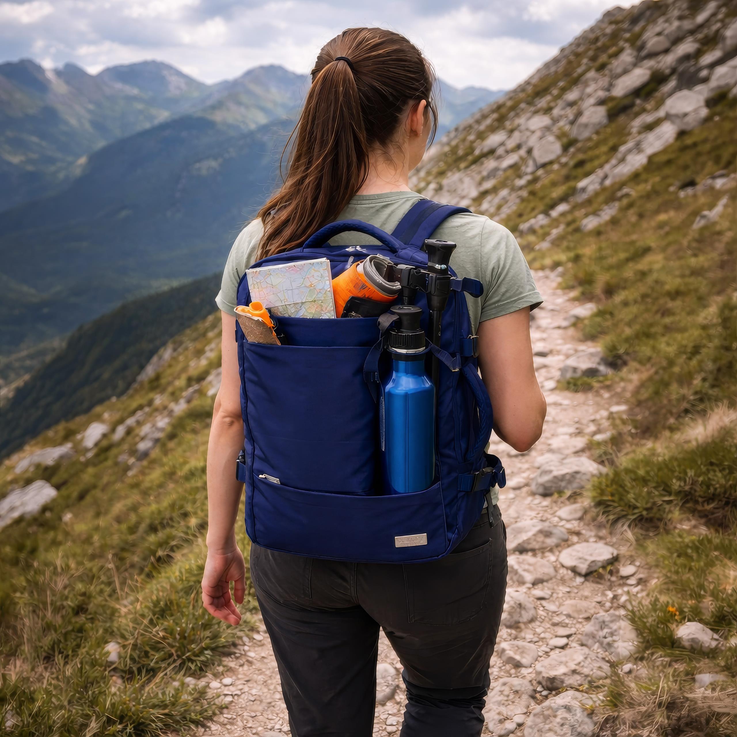 Plecaki Camry CR 6881 z tyłu, ukazujące wyściełane szelki, pasek mostkowy i pas do mocowania na walizce