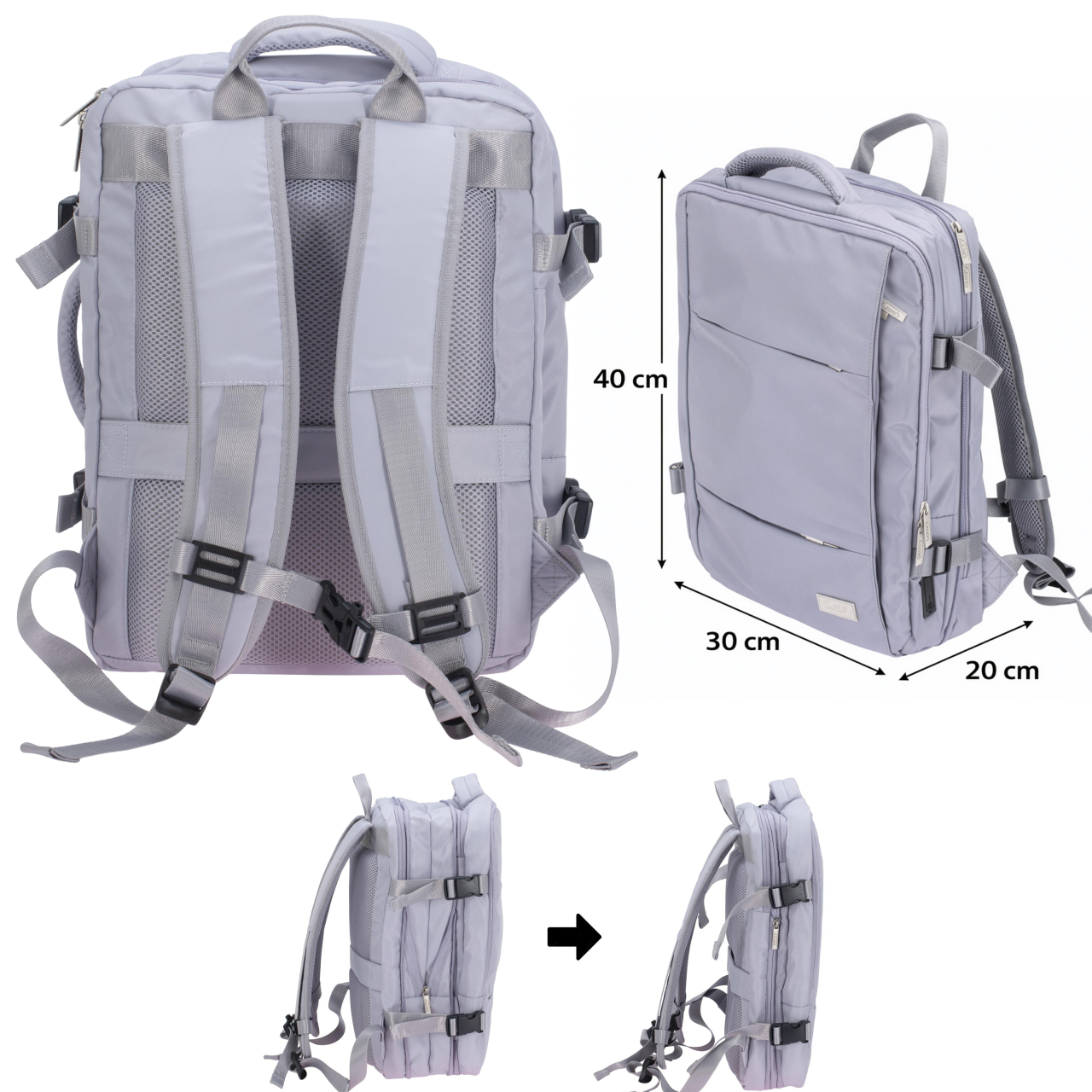 Schematyczne przedstawienie wymiarów plecaka Adler CR 6881 light purple, z uwzględnieniem rozszerzalnej głębokości.