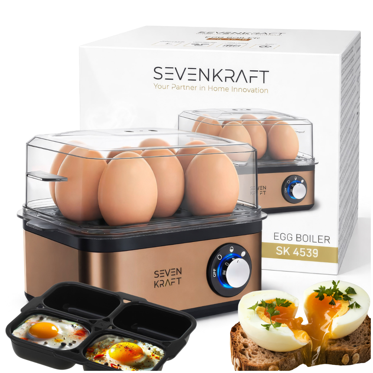  jajowar SK 4539 - widok z przodu z pokrywką i tacką na jajka, metalowa obudowa