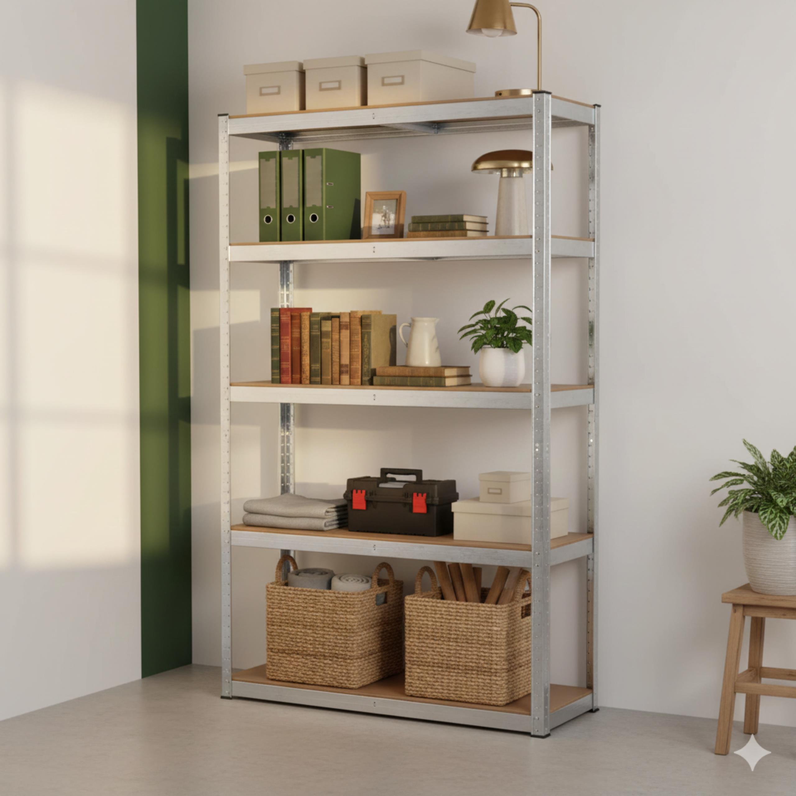 Schemat techniczny metalowego regału magazynowego Avenido AV 6816 z wymiarami 90x40x180 cm oraz wizualizacja jego zastosowania w biurze.