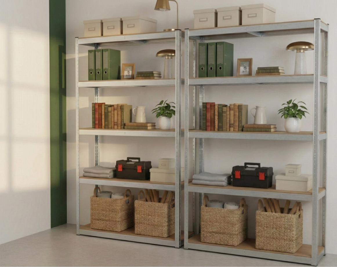 Dwa metalowe regały magazynowe Avenido AV 6816 2w1 w konfiguracji pojedynczych, wysokich regałów, prezentujące wysoką pojemność i stabilność.