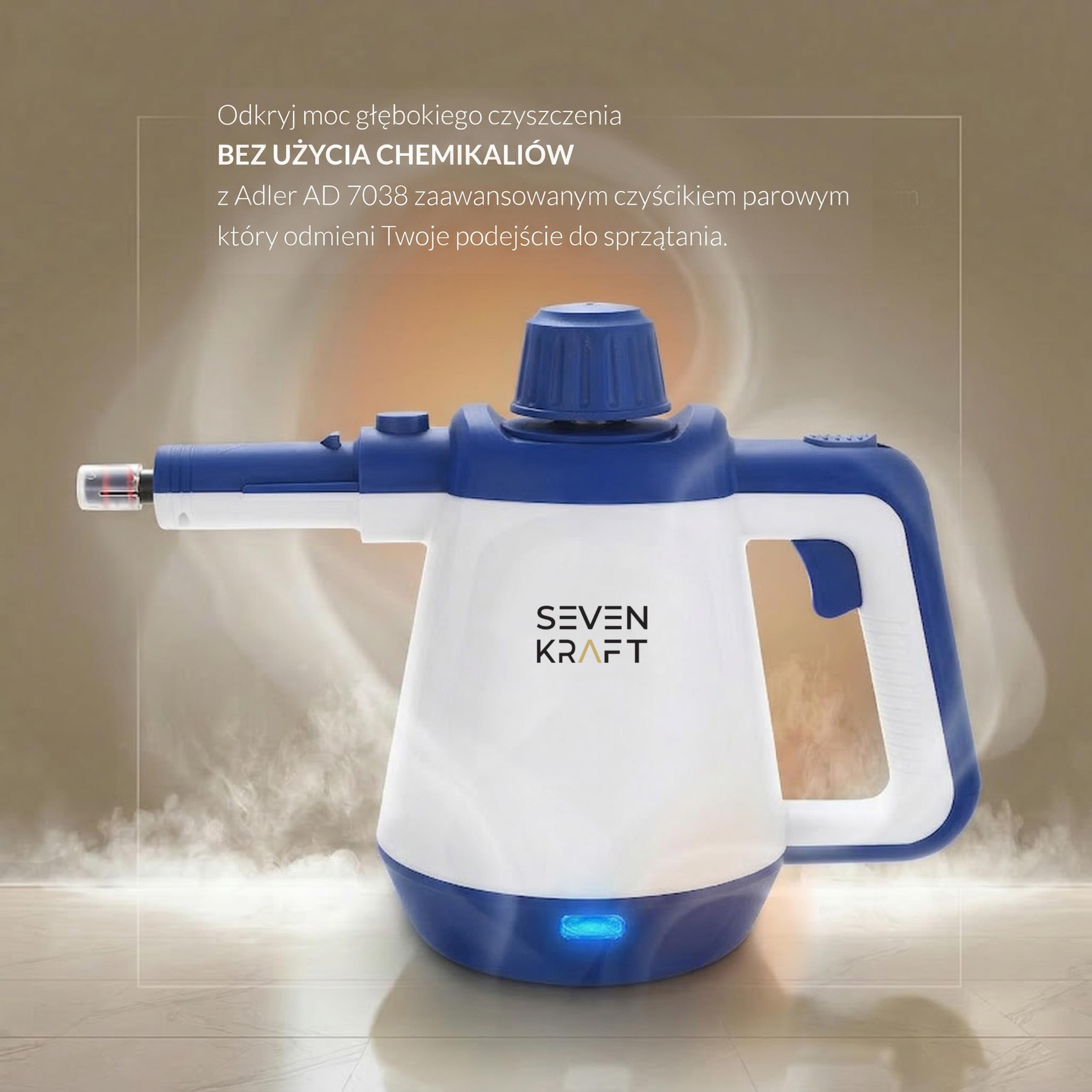 Wszystkie 13 akcesoriów do myjki parowej  SevenKraft SK 7093B ułożone obok siebie: szczotki, dysze, rury, węże i szmatki.