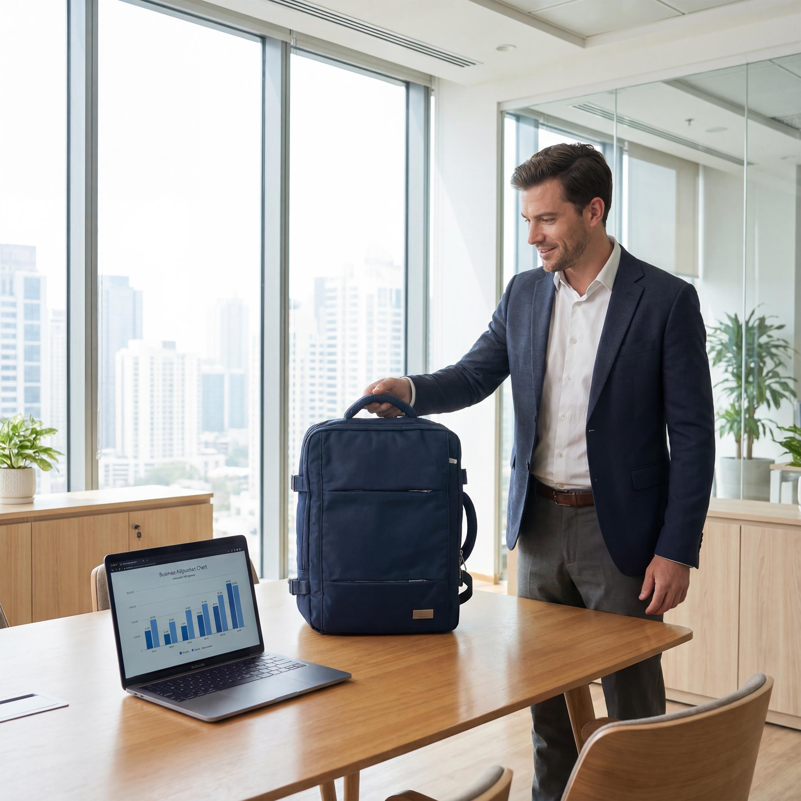 Plecaki Camry CR 6881 w kolorze granatowym ustawione na tle pasażerów na lotnisku