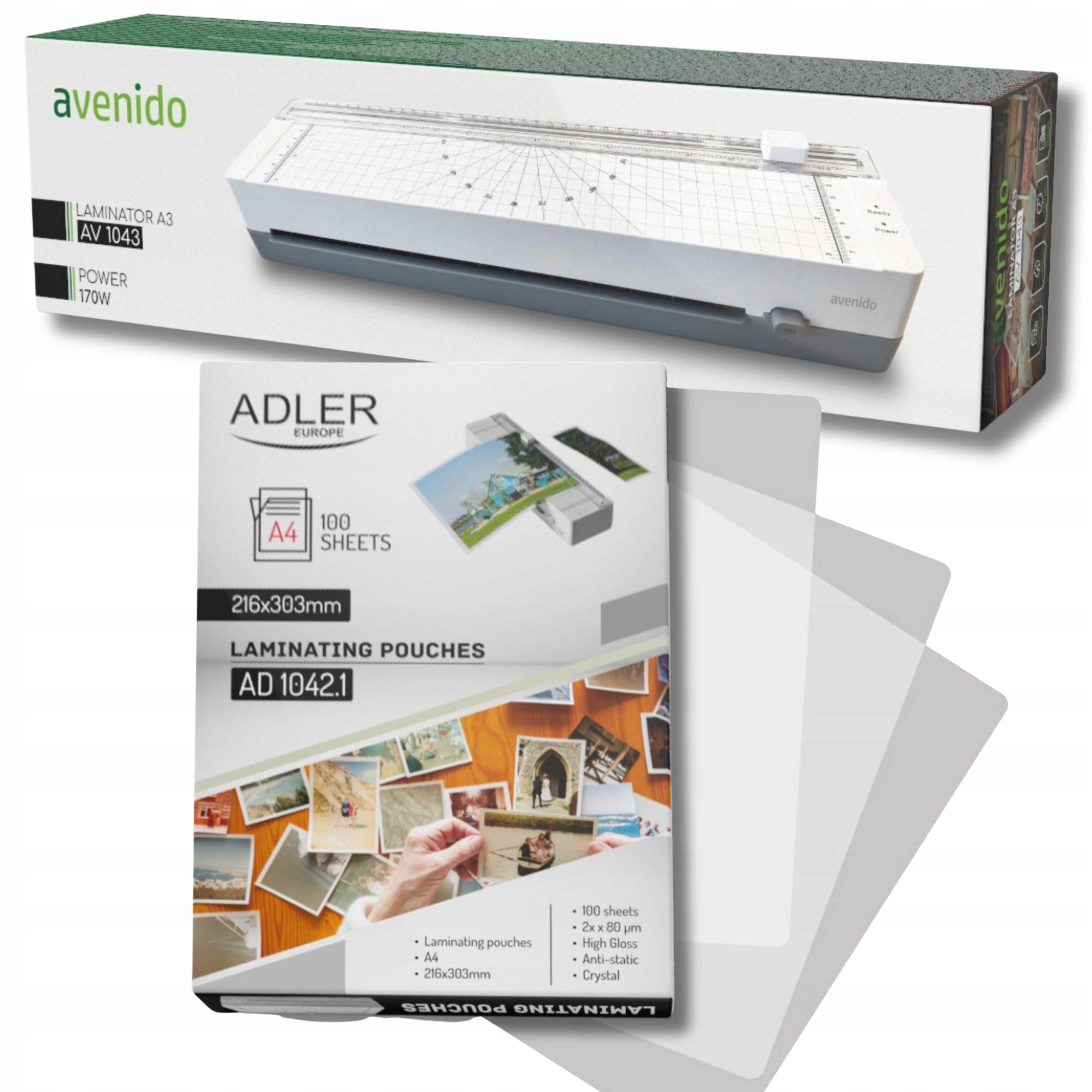 Zawartość zestawu laminatora Avenido: urządzenie, instrukcja, folie startowe i 100 dodatkowych folii A4.