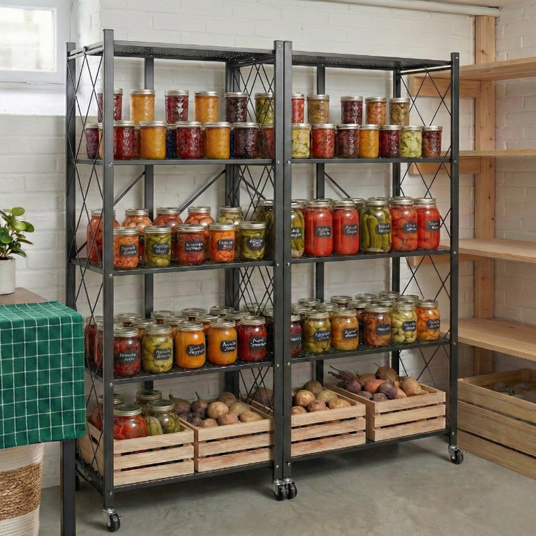 Regał magazynowy z produktami spożywczymi w spiżarni, podkreślający porządek