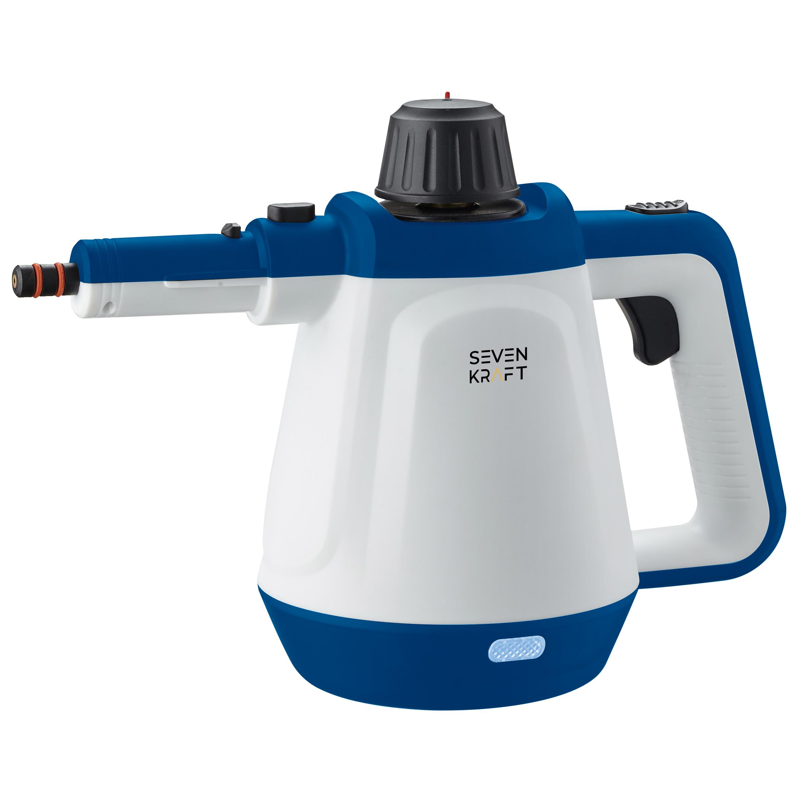  SevenKraft SK 7093B myjka parowa w akcji, z widocznym strumieniem pary i częścią akcesoriów.