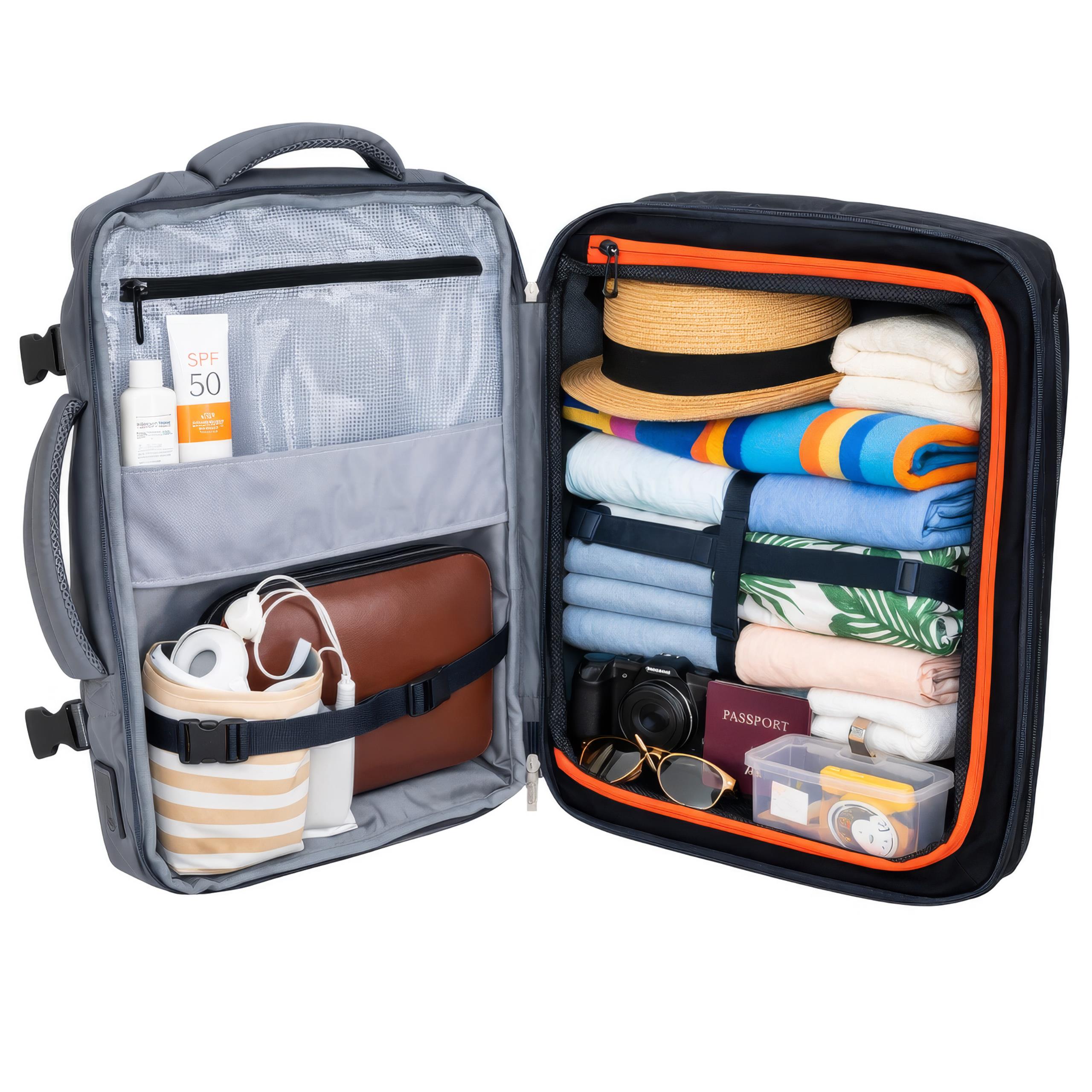 Plecak Camry CR 6881 Dark Grey otwarty na płasko o 180 stopni, prezentujący przestronną komorę główną z siatkową przegrodą i nieprzemakalną kieszenią 'wet/dry'.