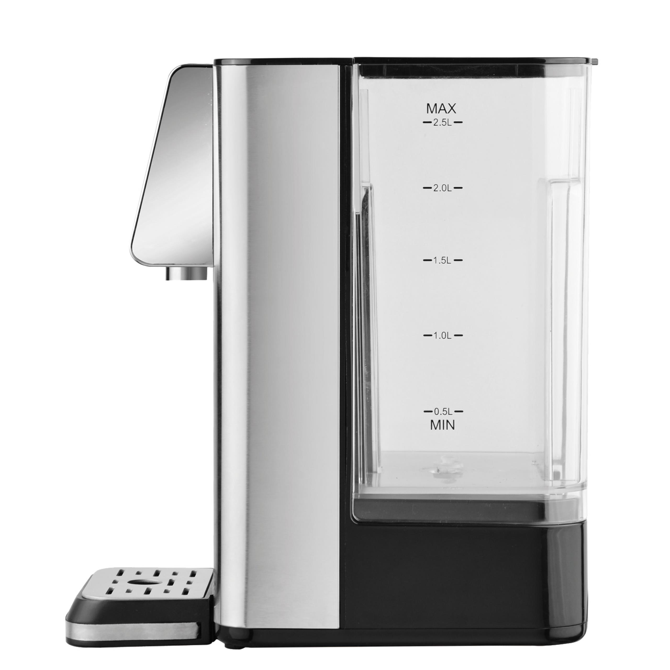 Wizualizacja różnych temperatur na ekranie dozownika gorącej wody, z filiżankami kawy i herbaty w tle, ilustrująca precyzyjne ustawienia.