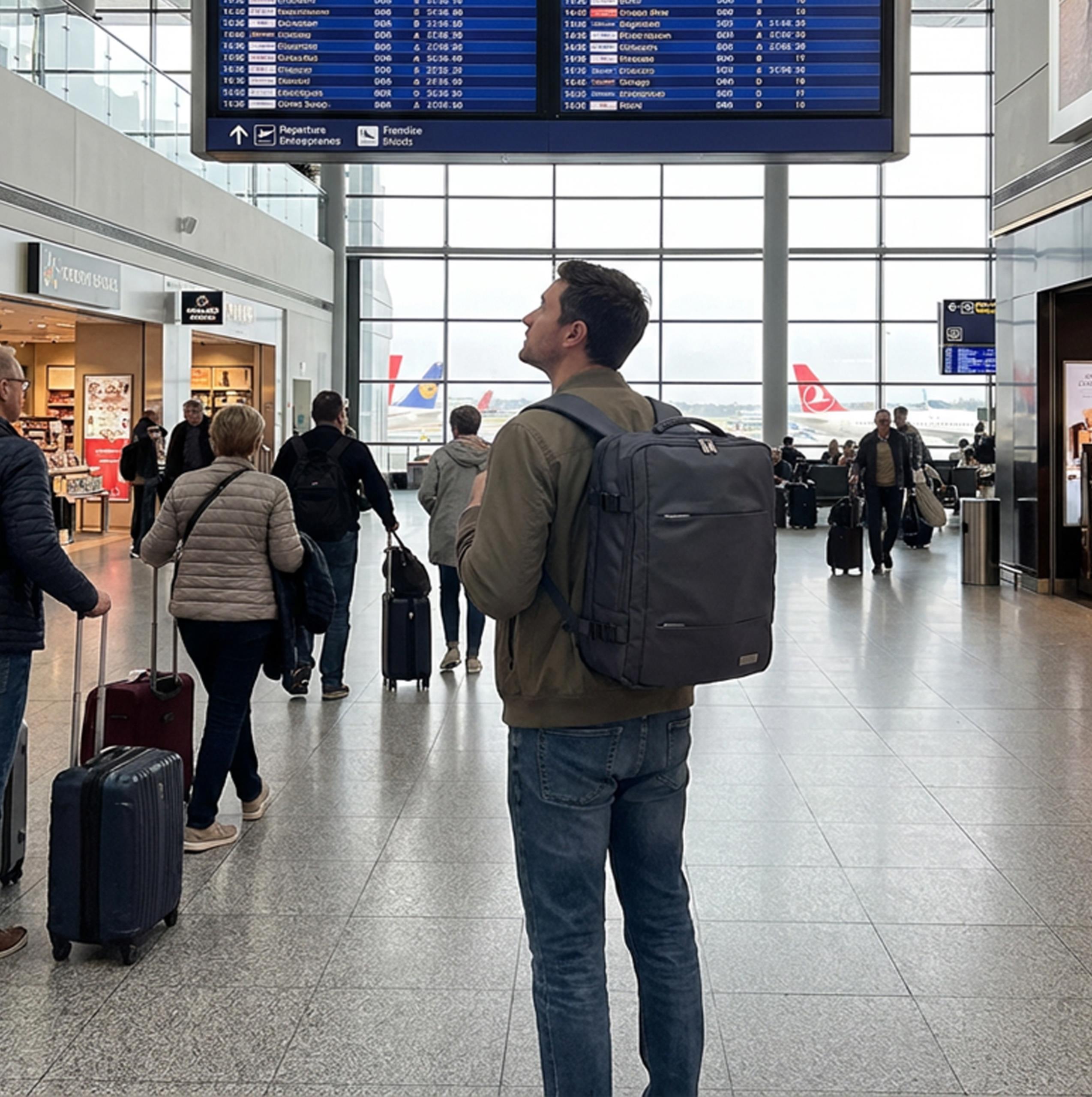 Plecak Camry CR 6881 Dark Grey idealnie wpasowany pod fotel samolotu, demonstrujący swoje zgodne z wymogami linii lotniczych wymiary bagażu podręcznego.