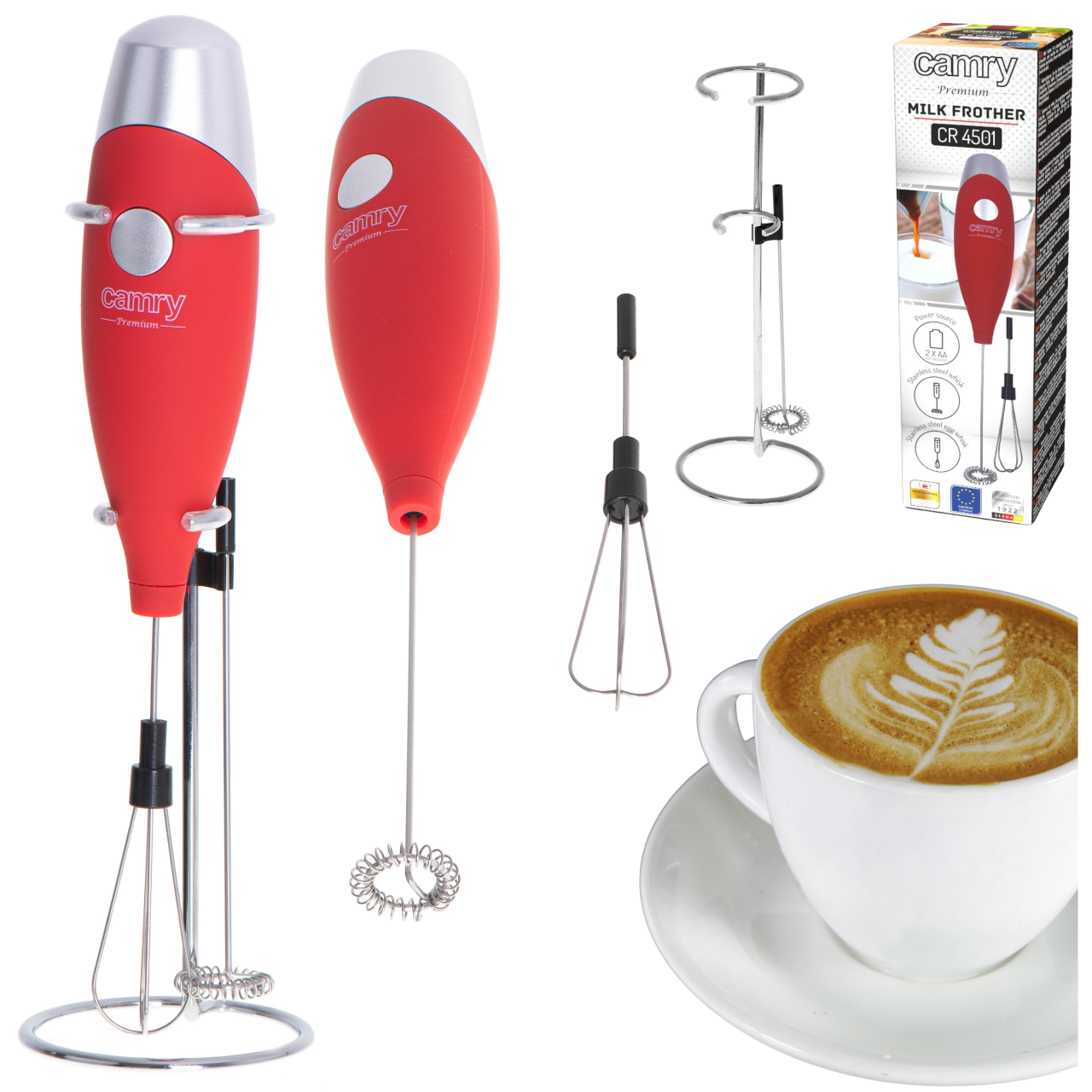 Czerwony spieniacz do mleka Camry CR4501R ze stojakiem na białym tle, przedstawiony z przodu.