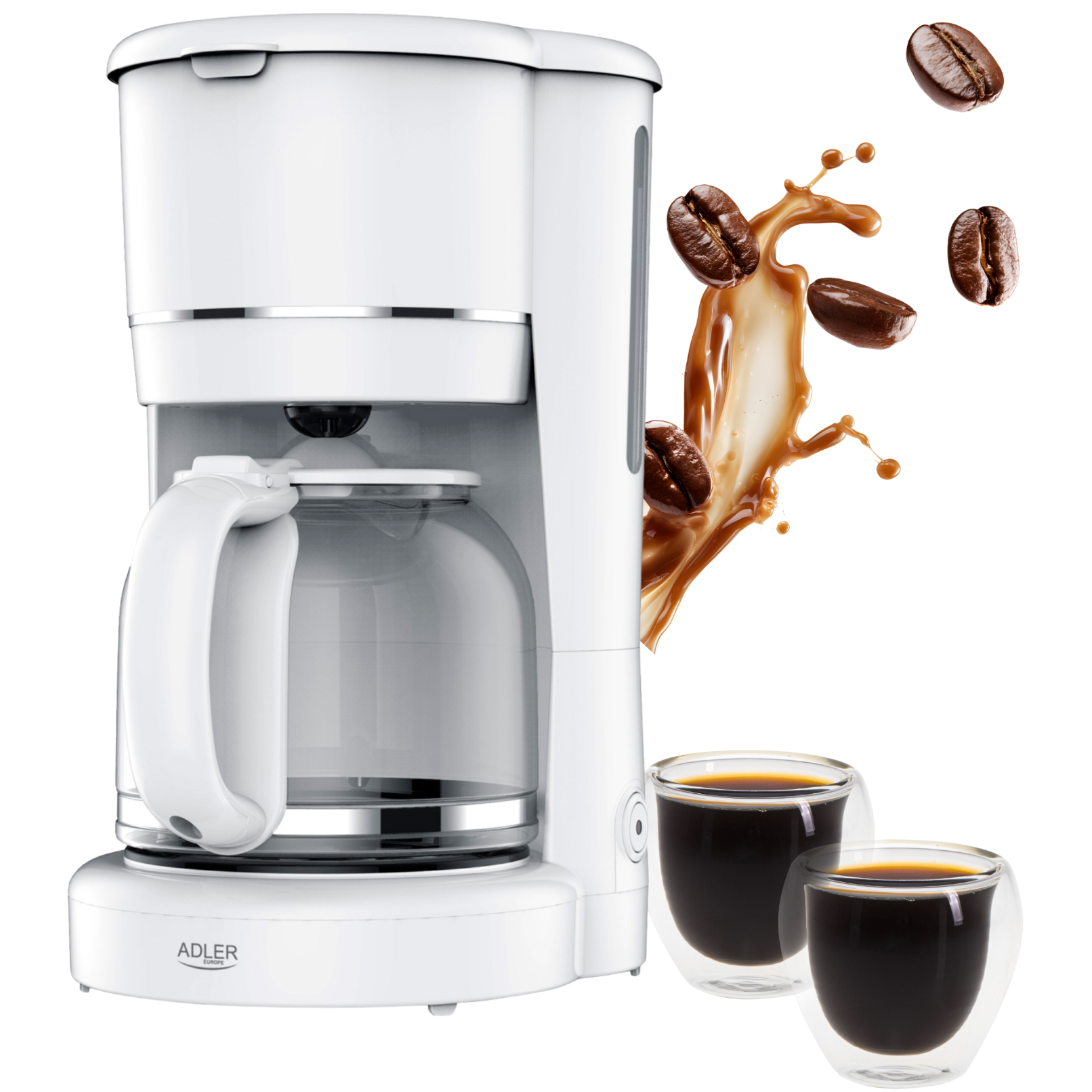 Rysunek techniczny ekspresu Adler AD 4383 z opisem wymiarów i elementów