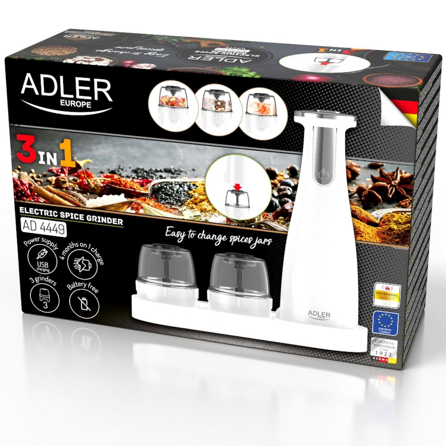 Zestaw 3 młynków do przypraw, soli i pieprzu ADLER - certyfikaty
