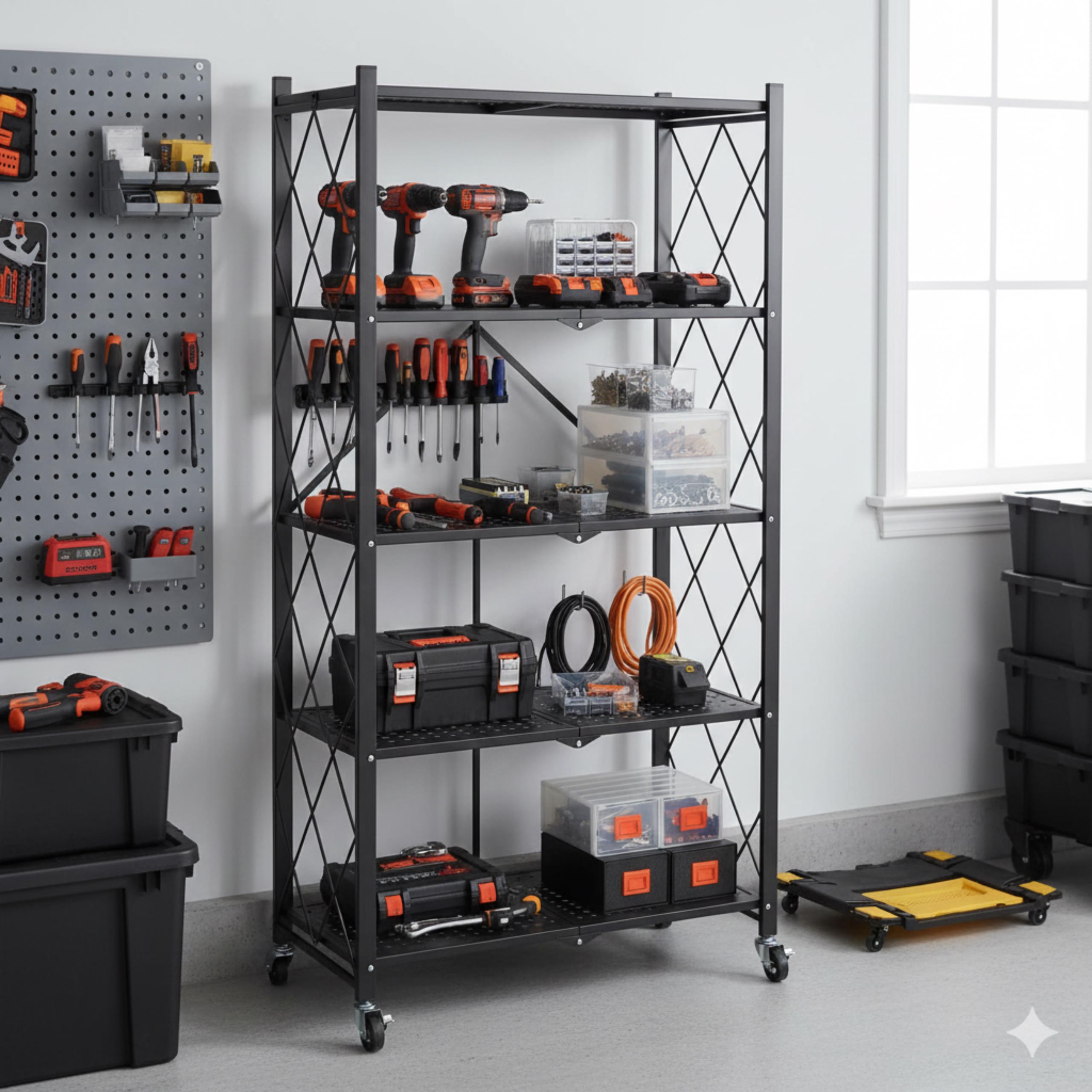 Wytrzymały składany regał magazynowy obciążony ciężkimi narzędziami i akcesoriami w garażu.